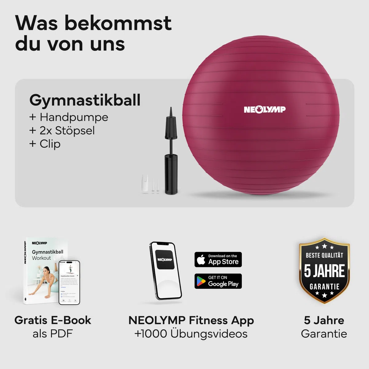 NEOLYMP Gymnastikball - Sitzball Büro ergonomisch in 3 Größen S/M/L - bis 300 kg belastbar, rutschfest & Anti Burst - Pilates Ball, Pezziball, Schwangerschaftsball, Yoga Ball für Homeoffice