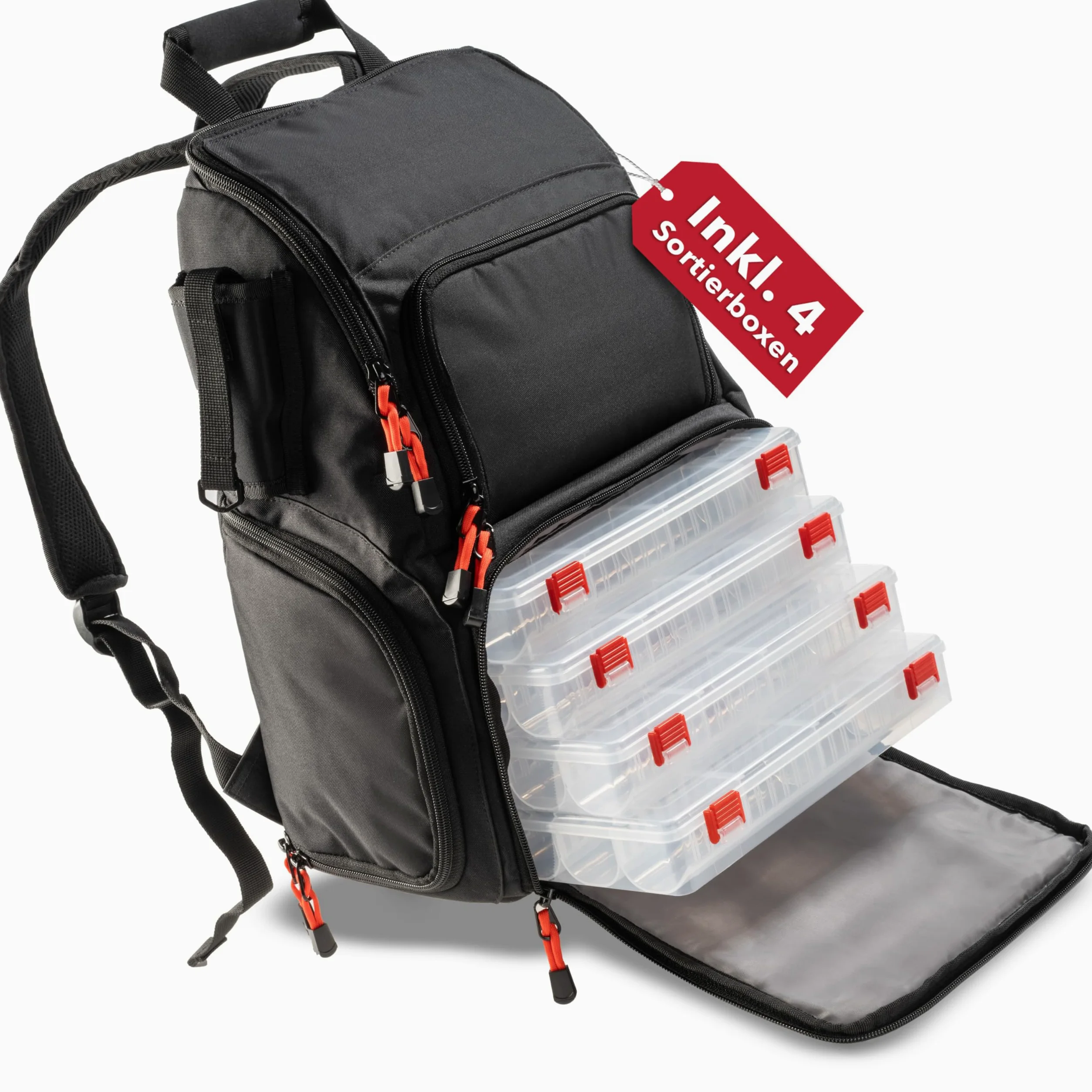 Paradox Fishing Angelrucksack mit Boxen I inkl. 4 Boxen I wasserabweisend I Angeltasche mit Tackle-Boxen Angelkoffer