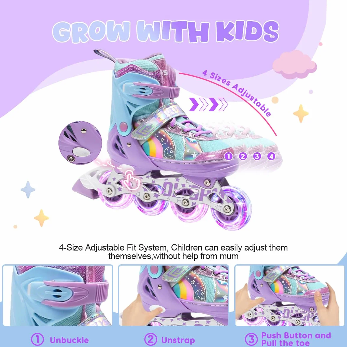 Inliner Kinder für Mädchen und Jungen,Regenbogen-Design,Rollschuhe Kinder in 4 Größen für Drinnen und Draußen