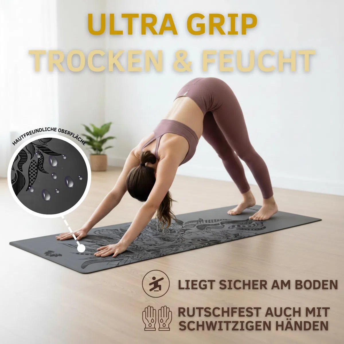 Yosana Yogamatte aus Naturkautschuk | extrem rutschfest | ULTRA GRIP Oberfläche aus ECO PU | extra breit 68cm | inklusive Tragegurt | Yoga matte 183x68cm | 4mm dünn
