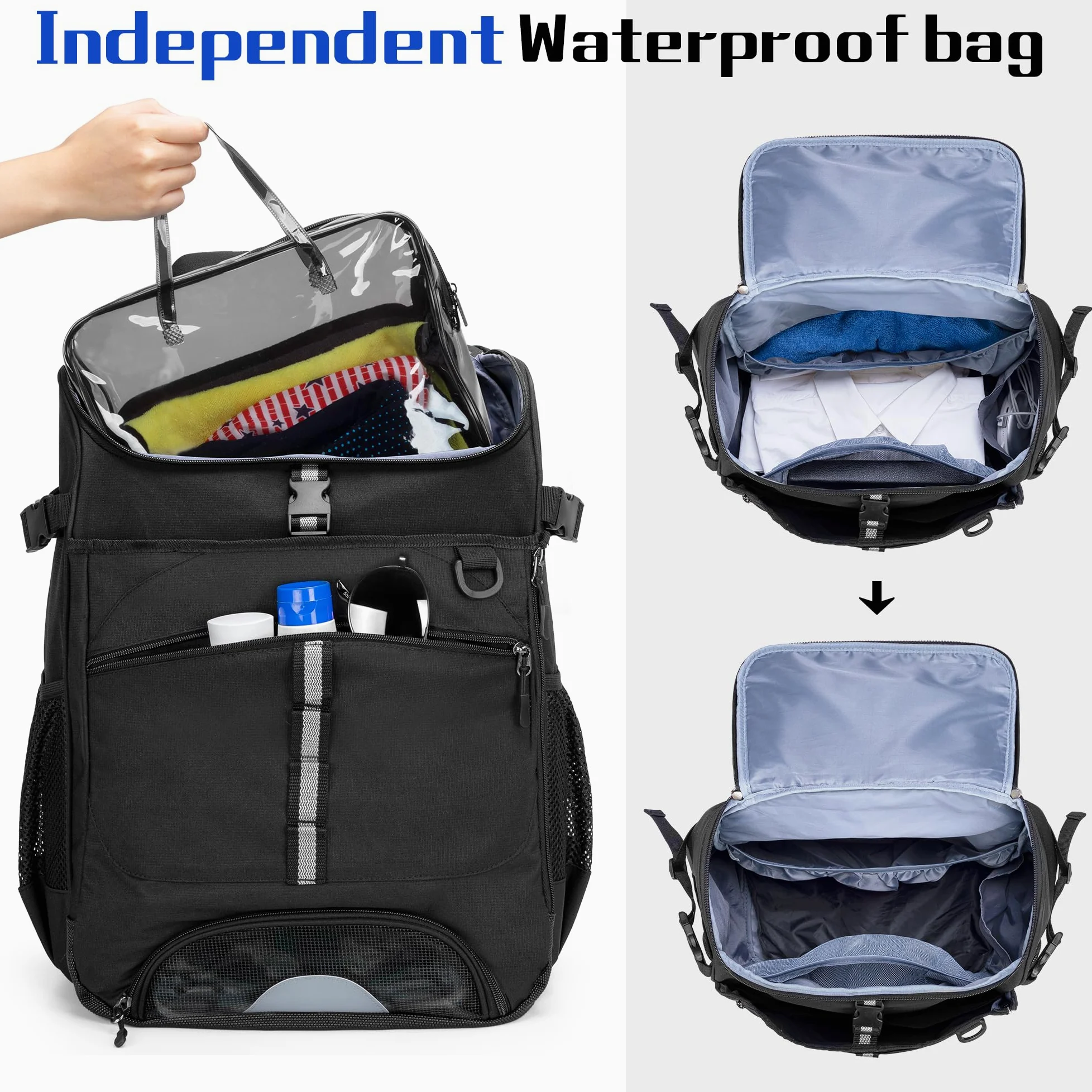 GOBUROS Schwimmrucksack für Männer und Frauen, Schwimmtasche mit zusätzlicher transparenter PVC-Tasche und separatem Schuhraum für Schwimmen, Strand, Fitnessstudio und Trainingsausrüstung