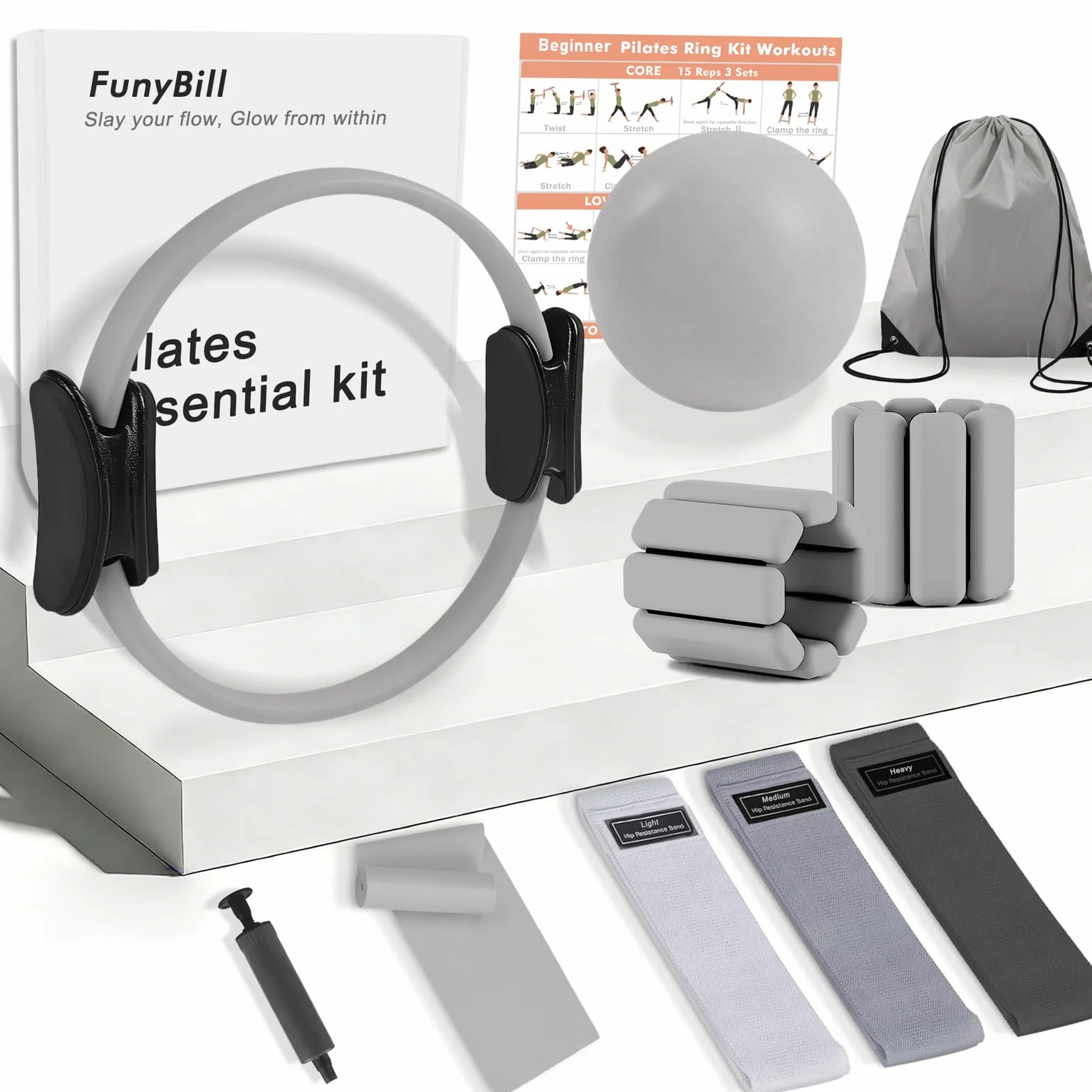 Pilates-Ring-Set, Pilates-Ausrüstung für das Heimtraining mit 35cm großem Magic Circle, Knöchel- und Handgelenkgewichten, Widerstandsbändern, für Anfänger geeignet, tolles Geschenk für Frauen
