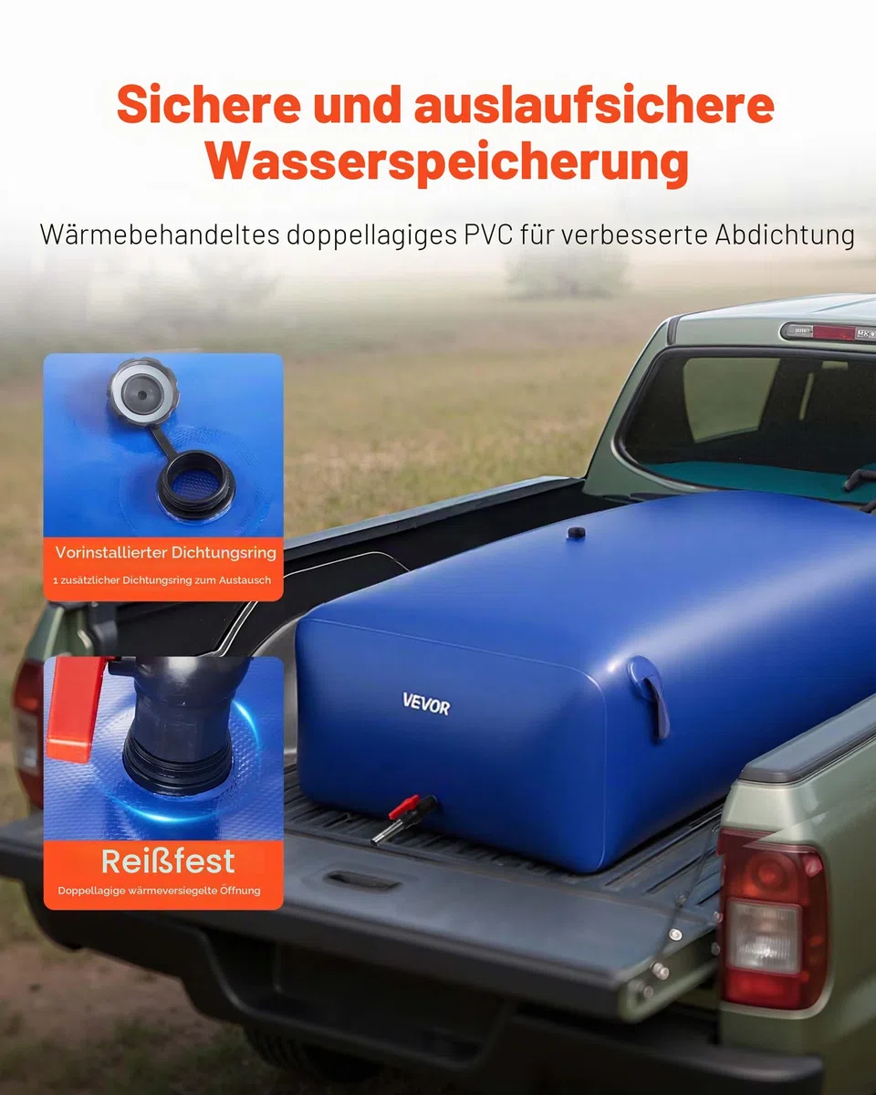 VEVOR Wasserspeicherblase, 1000 L PVC-Weichwasserbeutel, Wasserspeicherbehälter, auslaufsicherer & verschleißfester Wassertank für die Outdoor-Bewässerung von Wohnmobil, Camping, Notfall