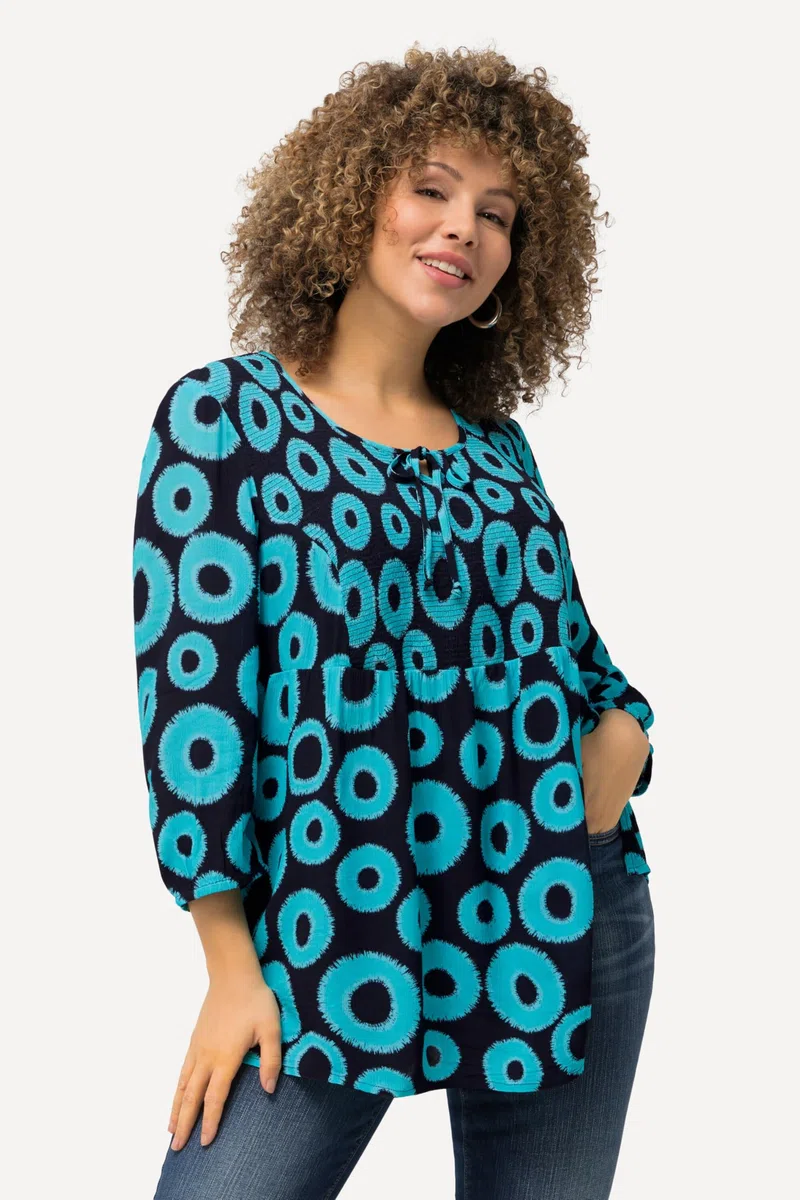 Ulla Popken Damen große Größen Übergrößen Plus Size Smokbluse, Kreise, A-Linie, Rundhals, 3/4-Arm 829086