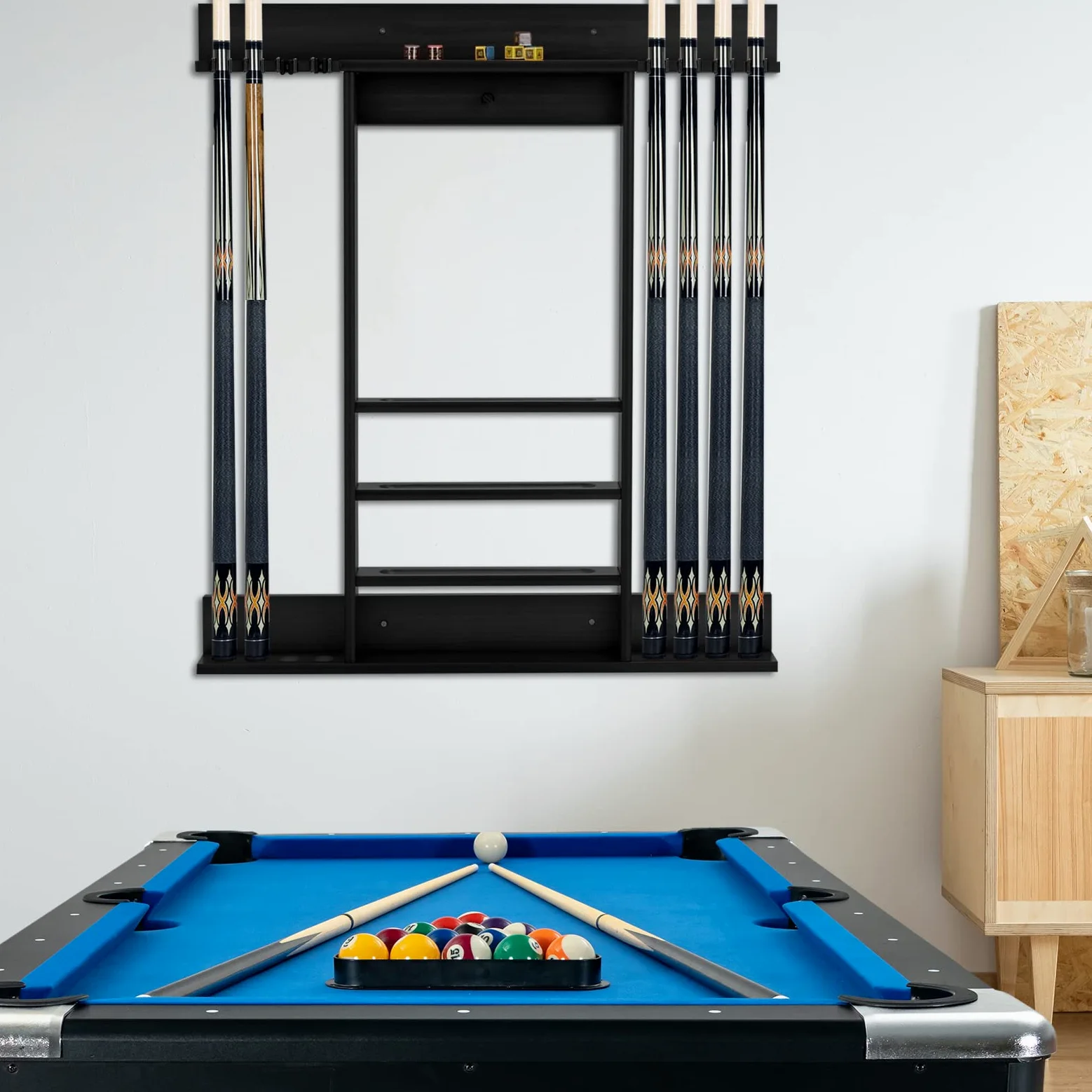 GYMAX Billard Queue Halter für 8 Queues & Billardzubehör, Wandmontierter Queueständer, Billard Queue Halterung aus Kiefernholz, für Billardzimmer & Club, 79 x 8 x 91 cm (Schwarz)