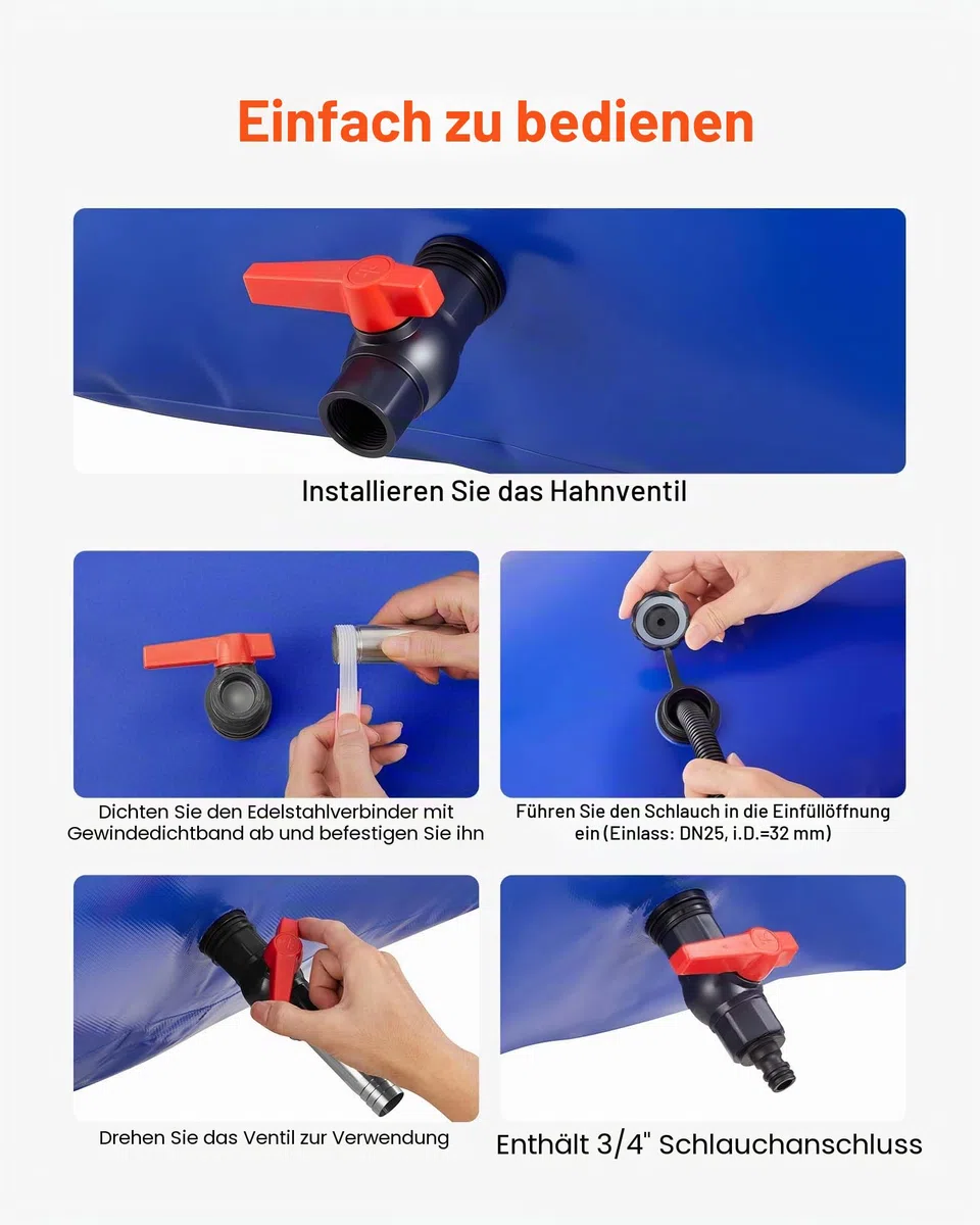 VEVOR Wasserspeicherblase, 1000 L PVC-Weichwasserbeutel, Wasserspeicherbehälter, auslaufsicherer & verschleißfester Wassertank für die Outdoor-Bewässerung von Wohnmobil, Camping, Notfall