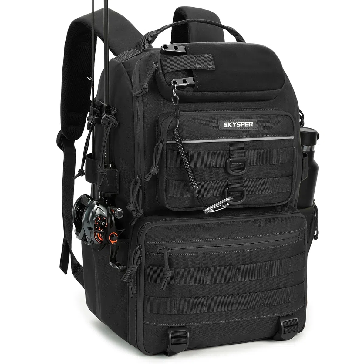 SKYSPER Angelrucksack mit Rutenhalter, 40-Liter Angeln Rucksack mit Verstellbarem Fach für Angeln
