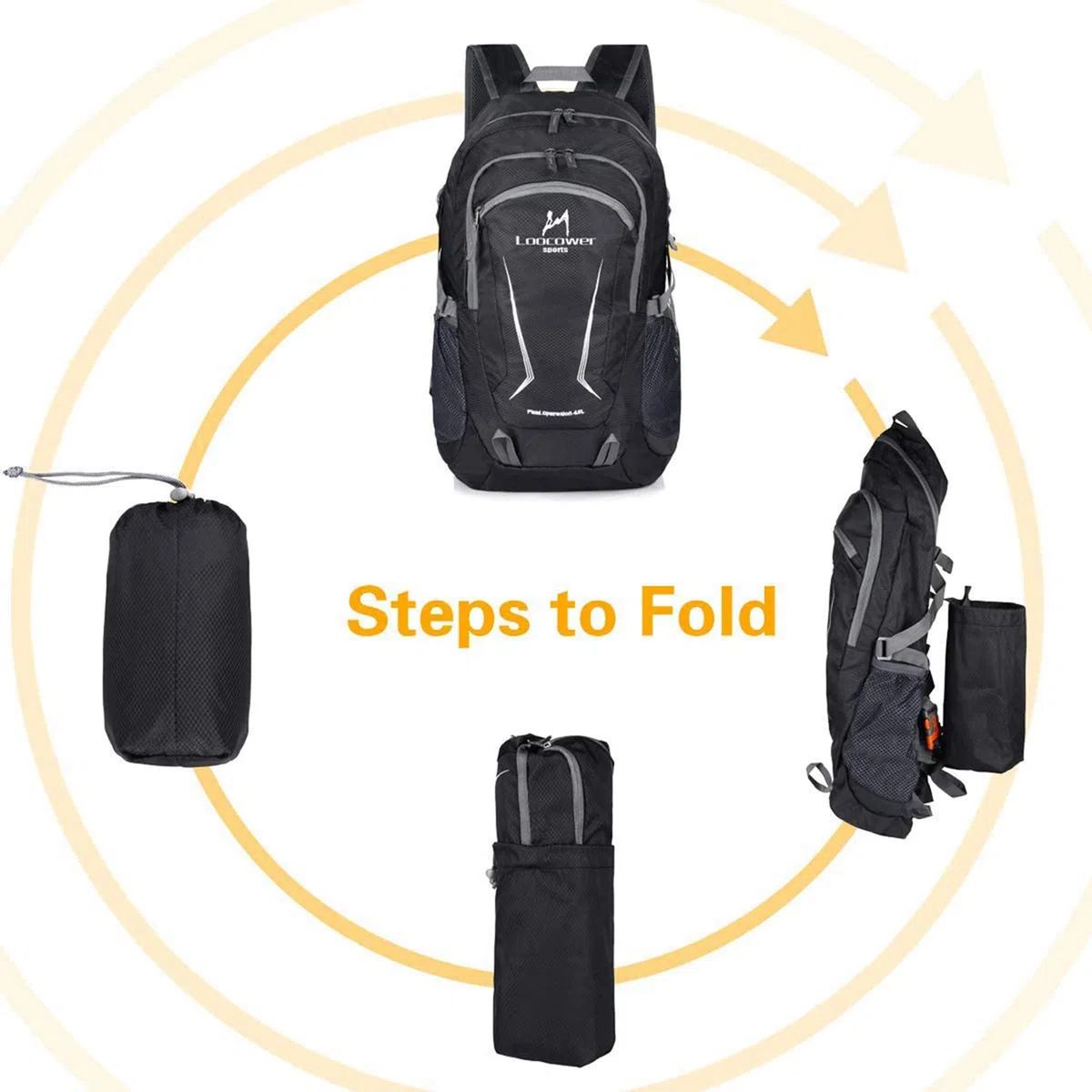 45L Leichte Packable Reiserucksack Wanderrucksack, Multifunktionale Tagesrucksack, Faltbare Camping Trekking Rucksäcke, Utra Leicht Outdoor Sport Rucksäcke Tasche - Black