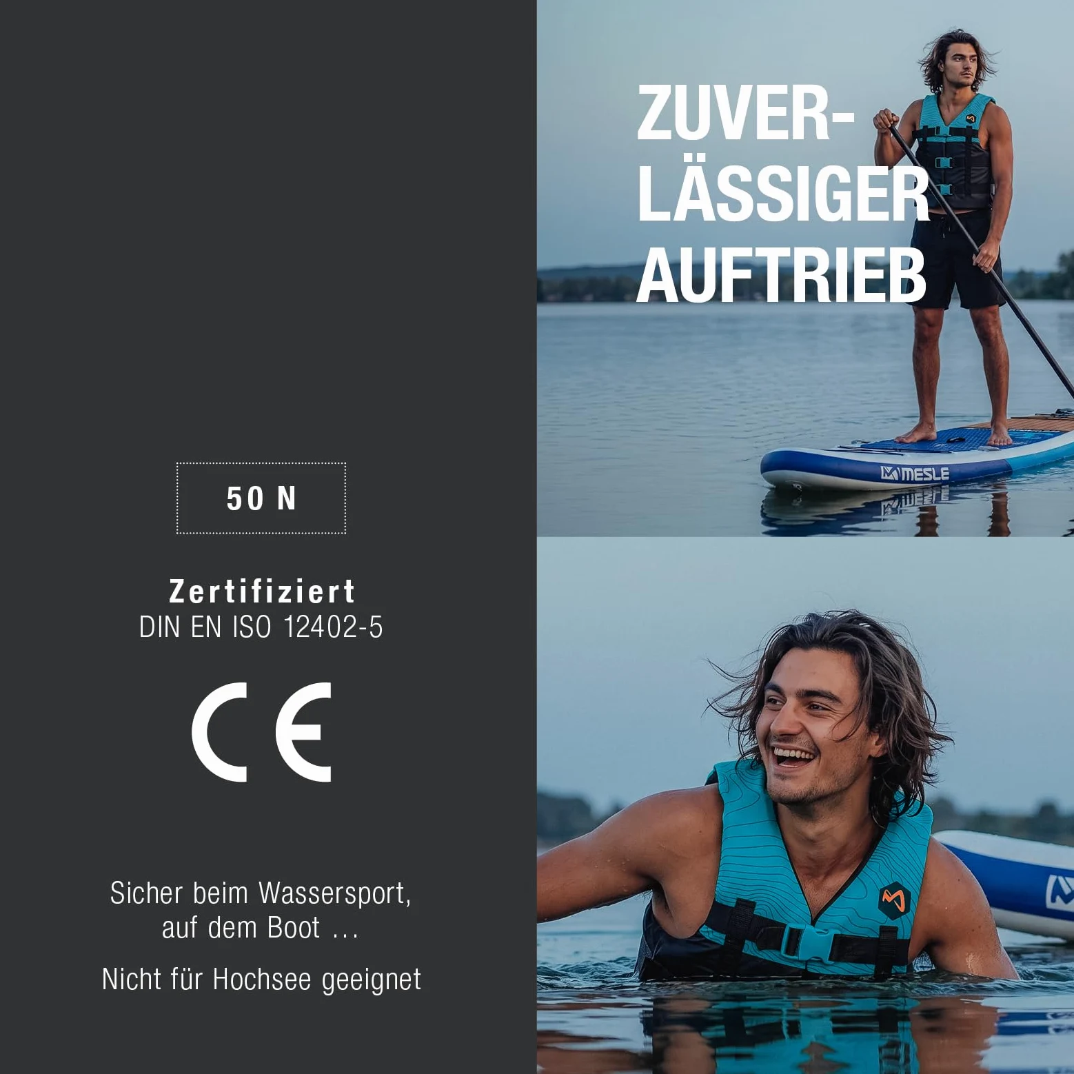 MESLE Schwimmweste H210, 2XS-4XL, Schwimmhilfe für Erwachsene & Kinder, Leichte 50N Auftriebsweste Herren & Damen, Prallschutzweste für Jetski, SUP, Wasserski, Kajak, Wakeboard