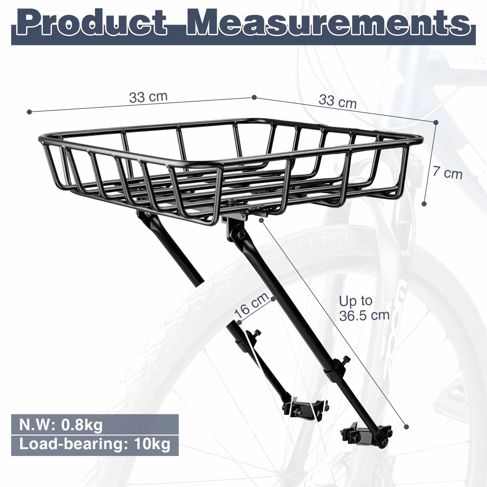 WEEROCK Fahrradkorb mit vorderem Gepäckträger, breiter Fahrradkorb mit Stützstangen, Aluminium-Vorderradkorb für Mountainbike, Beachbike und Rennrad