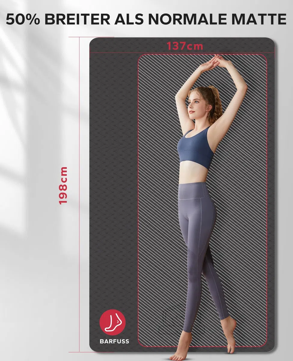 HAPBEAR Yogamatte XXL- Extra Groß Breit Yoga Matte, Sportmatte Fitnessmatte Rutschfest 198cm x137cm/183cm x122cm/183cm x116cm,Ultra Haltbar, Gymnastikmatte für Pilates, Gym, Zuhause, Workout