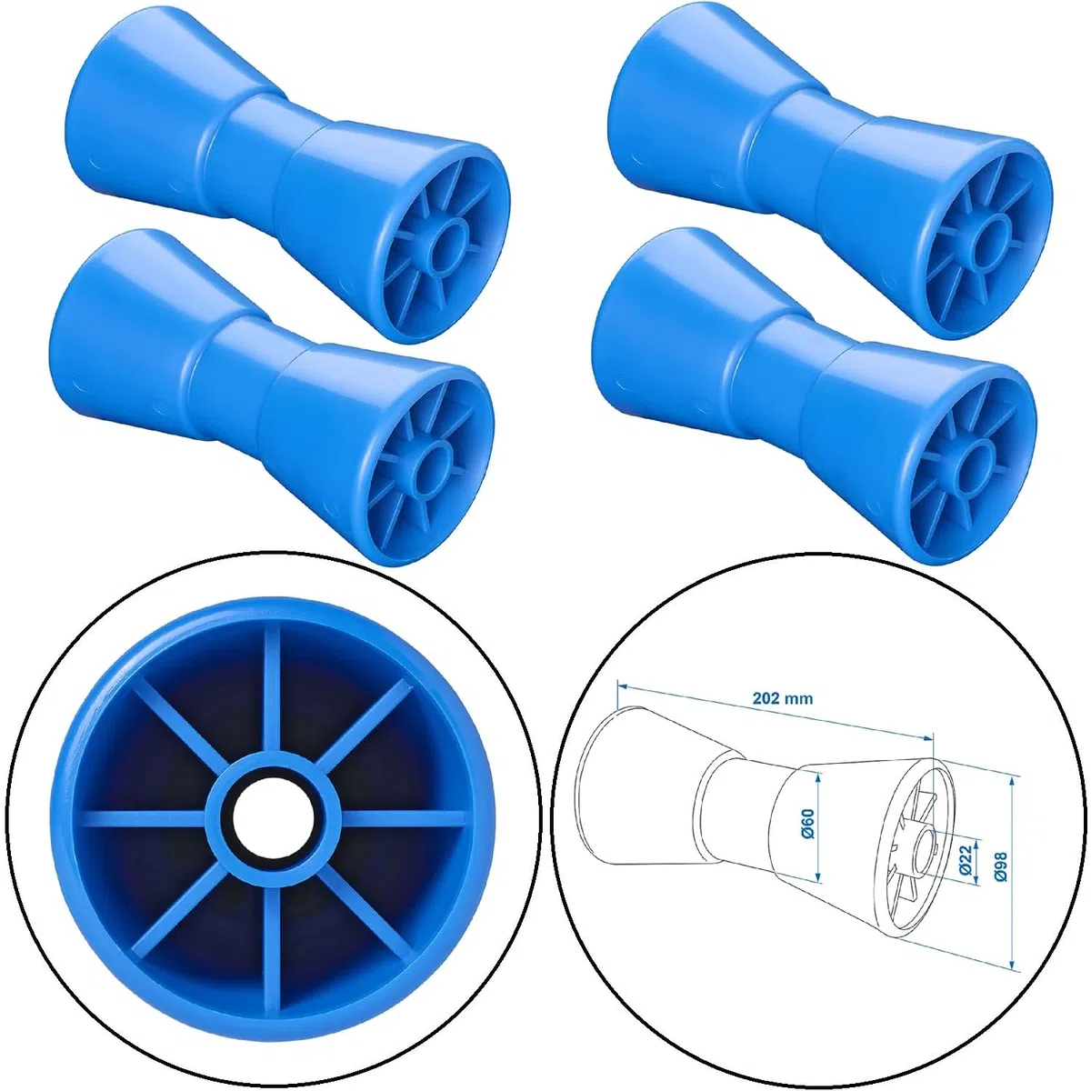 Preiswert&Gut 4 x Kielrollen – 200mm Länge, Ø 98-68mm – Rollen für Bootstrailer aus Polyethylen – Hochwertiges Bootszubehör & Boot Trailer Zubehör in Blau
