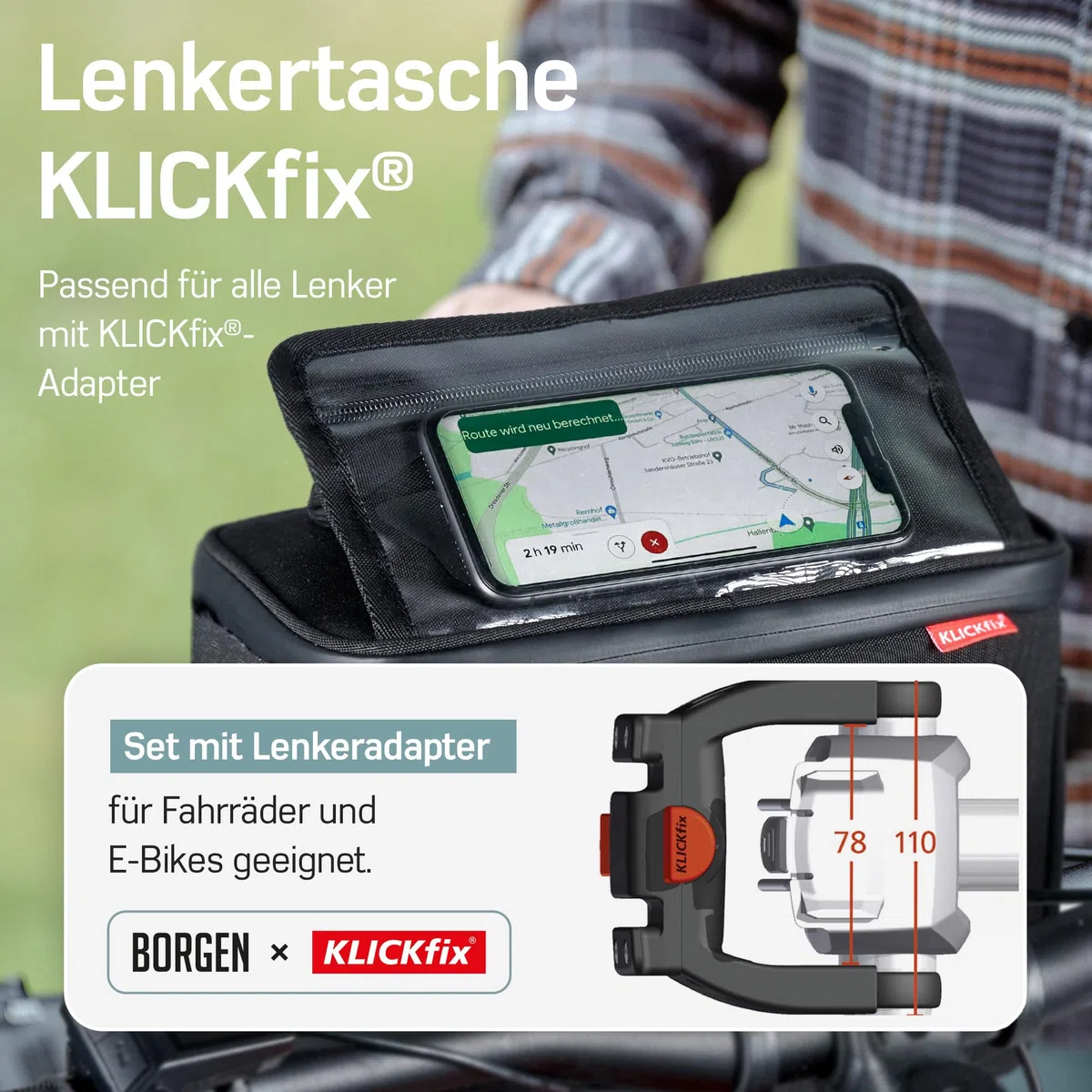 Borgen KLICKfix Lenkertasche Smartphone - Wasserabweisende und geräumige Fahrradlenkertasche 6 L - Fahrradtasche Lenker ebike - Fahrrad Lenkertasche Handy