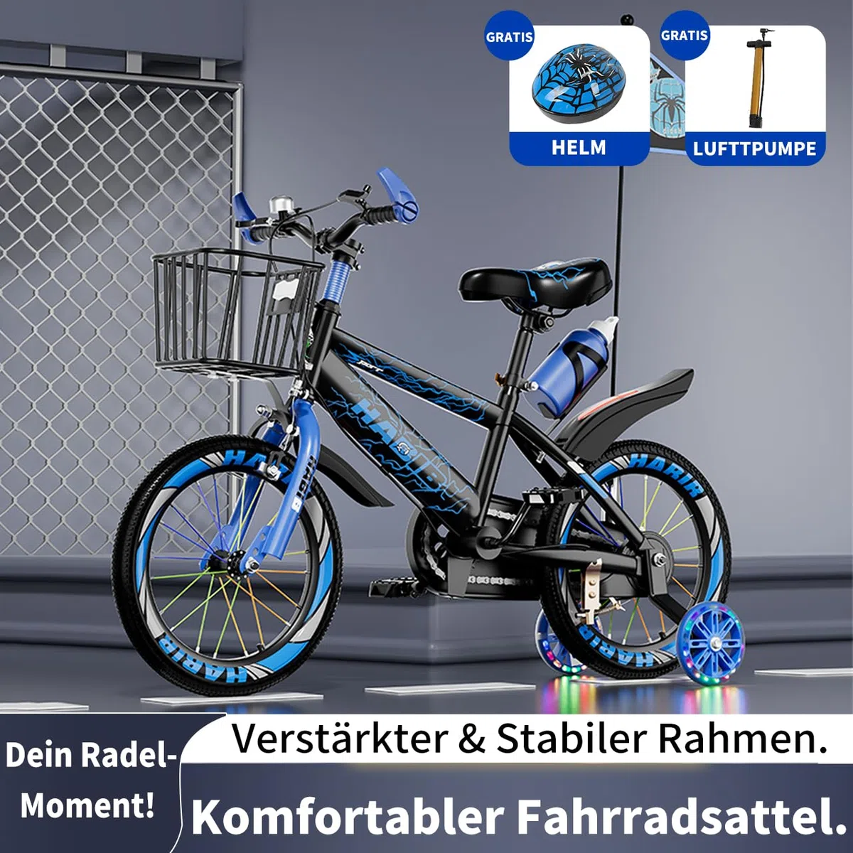 Habib Kinderfahrrad Jungenfahrrad 12 14 16 Zoll ab 3 Jahre – mit LED Stützrädern, Korb, Klingel & GRATIS Helm & Pumpe, Vorderradbremse