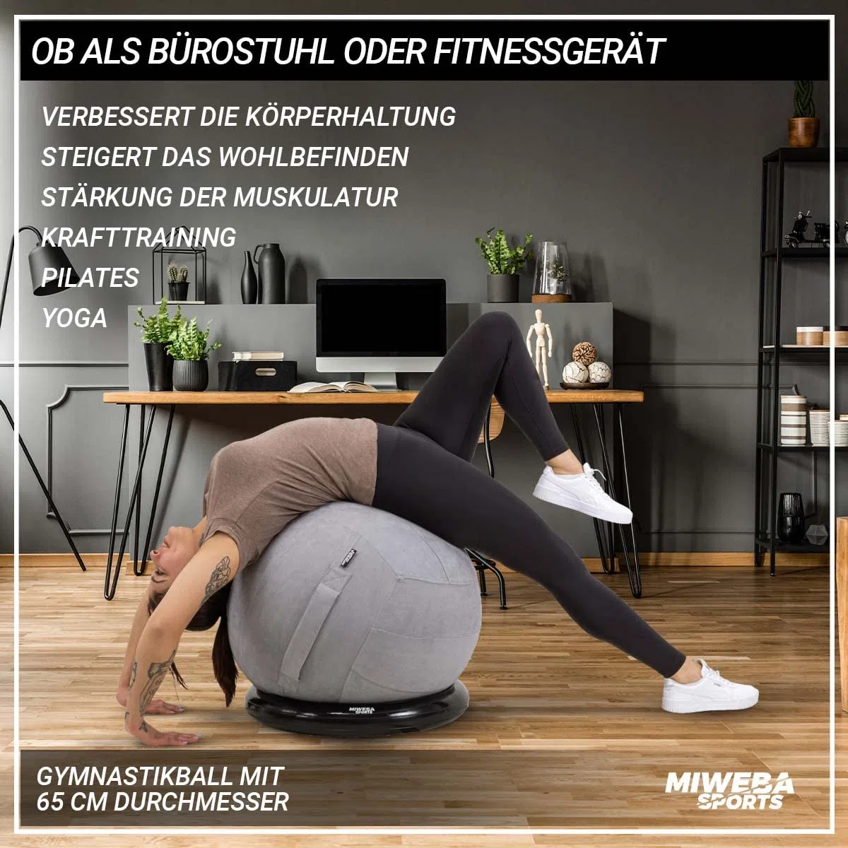 Miweba Sports Gymnastikball | 65 cm ∅ - Traglast 500 kg - Pilates Ball - Pezziball - 4in1 Set inkl Ballauflage - Bürostuhl - Sitzball - Balance Ball - Hüpfball - Pilatesball - Yoga - Schlingentrainer