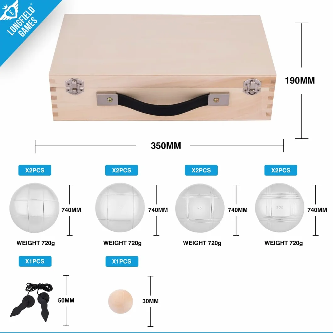 8-teilige Metall Boule Kugeln Set in Luxuriöser Holzkiste mit Magnet, Distanzmesser & Holz-Cochonnet – Boccia / Botcha Spiel für Kinder & Familien - Petanque, Jeu de Boules, Cross Boule - 010206