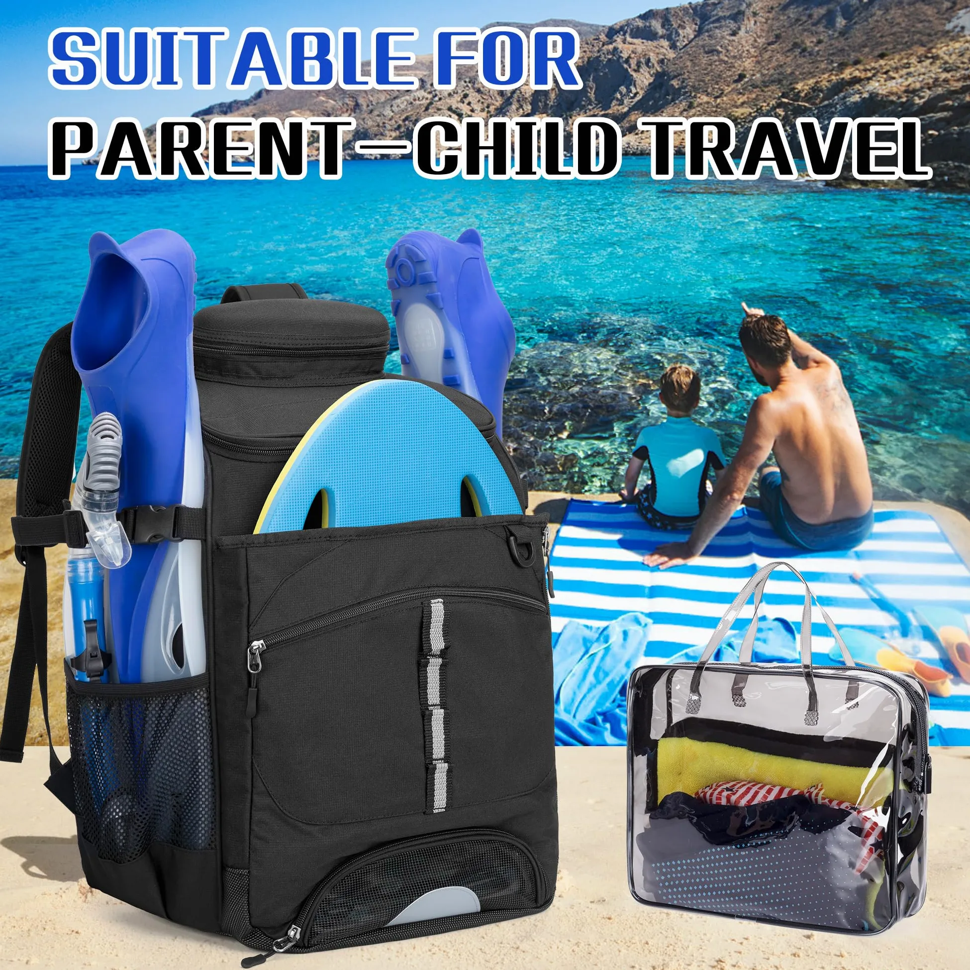 GOBUROS Schwimmrucksack für Männer und Frauen, Schwimmtasche mit zusätzlicher transparenter PVC-Tasche und separatem Schuhraum für Schwimmen, Strand, Fitnessstudio und Trainingsausrüstung