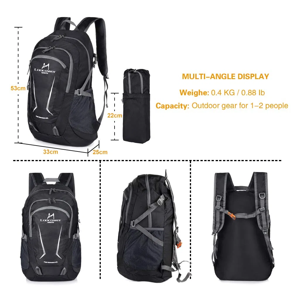 45L Leichte Packable Reiserucksack Wanderrucksack, Multifunktionale Tagesrucksack, Faltbare Camping Trekking Rucksäcke, Utra Leicht Outdoor Sport Rucksäcke Tasche - Black