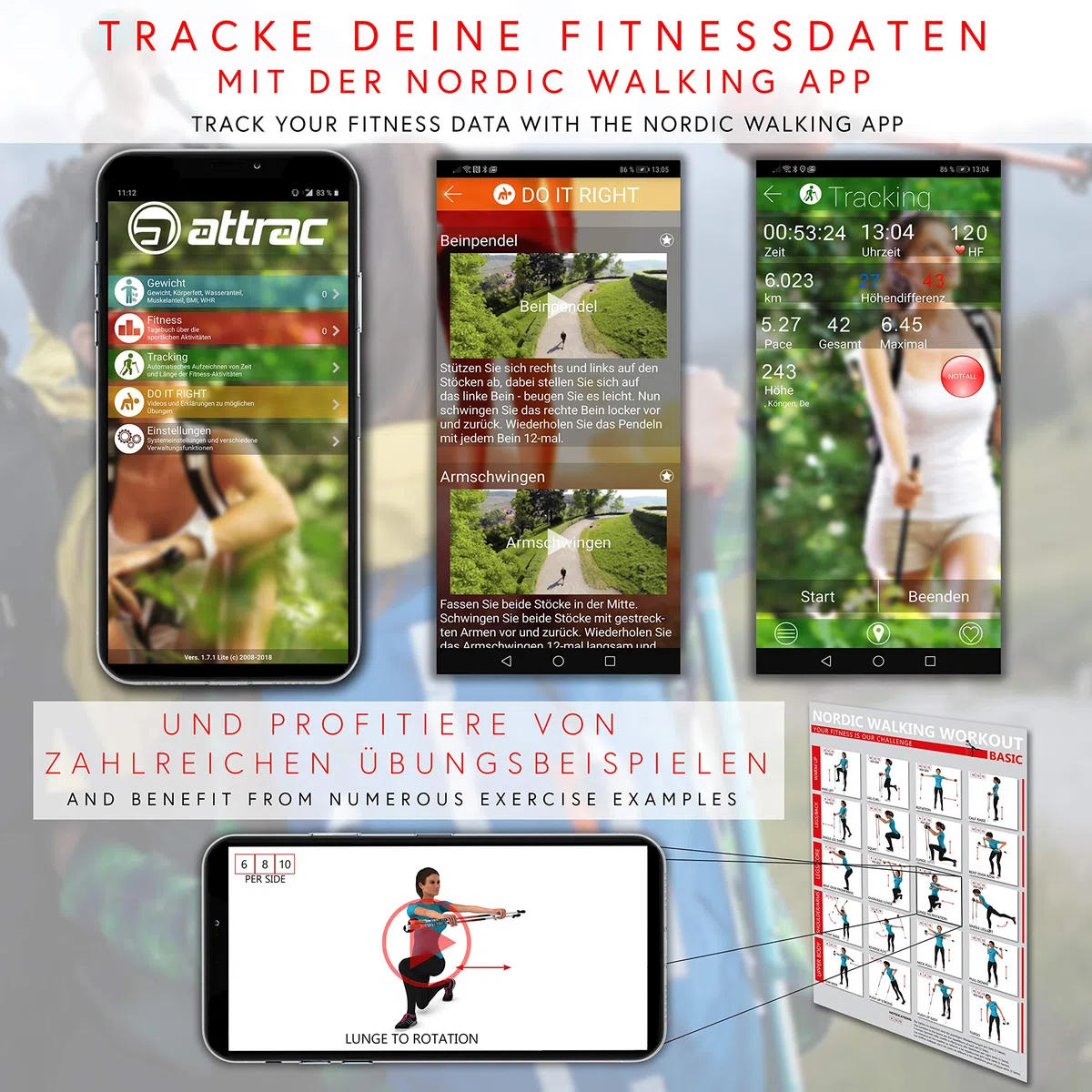 ATTRAC Nordic Walking Stöcke Aluminium | Handgelenkschlaufen inklusive | Mit Nordic Walking/Fitness App | Leichtgewicht | Stoßdämpfend - 110cm