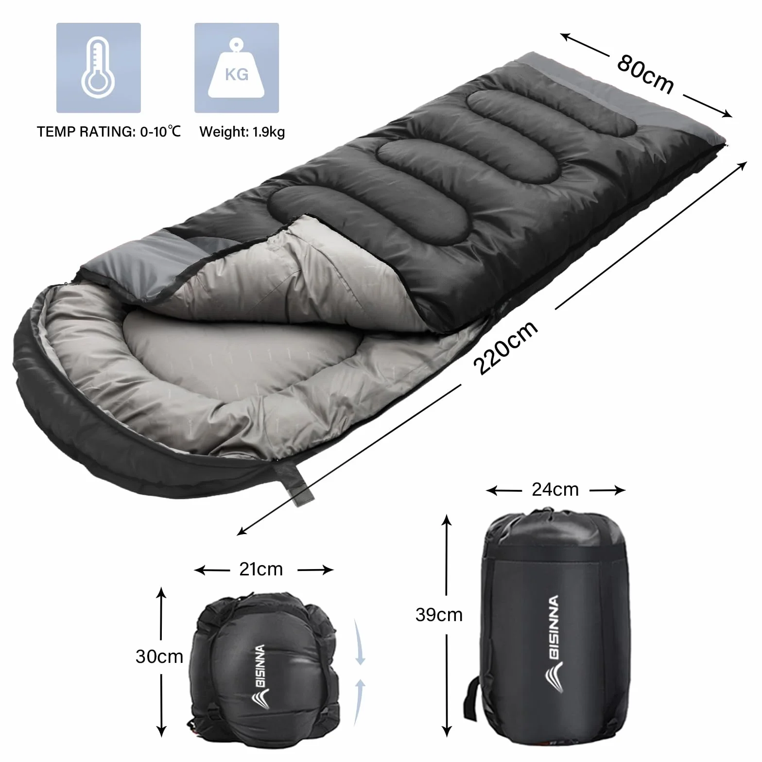 BISINNA Schlafsack 1.9kg 4 Jahreszeiten Wasserdichter Warmer Deckenschlafsack mit Kompressionssack für Erwachsene, Damen, Herren Outdoor Camping, Wandern