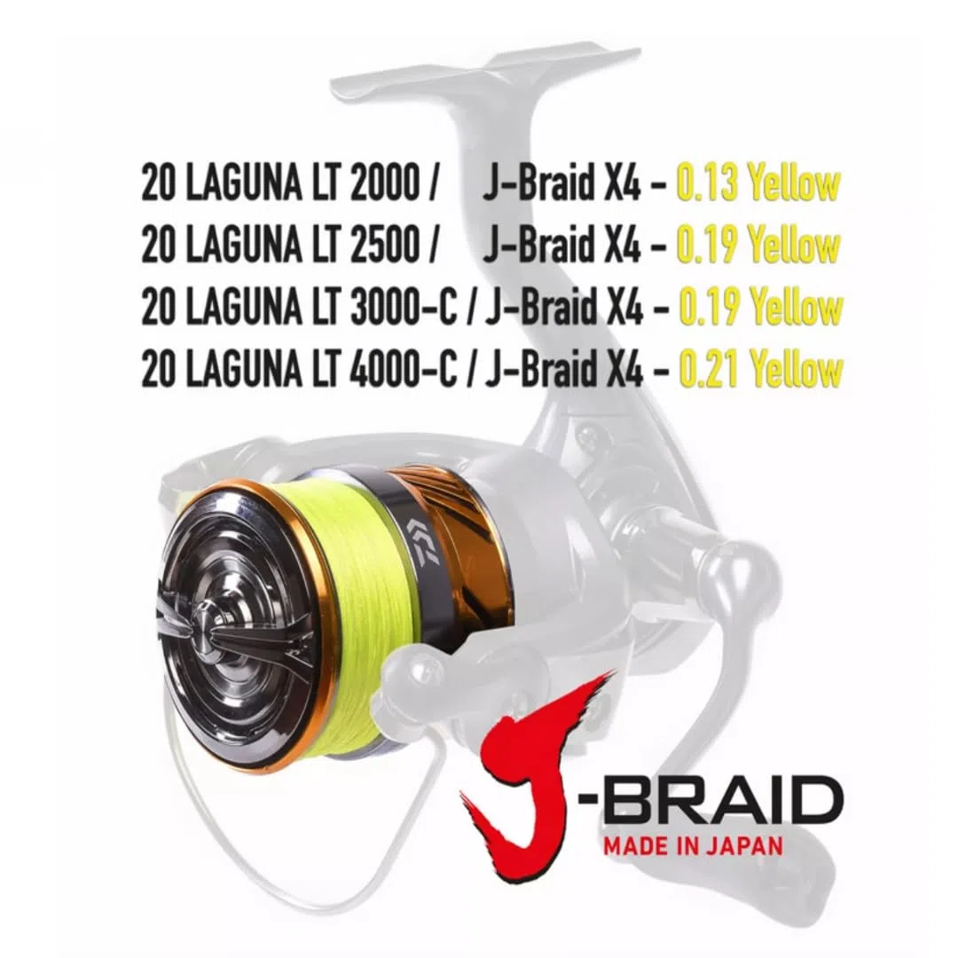 DAIWA 20 Laguna LT, Spinn-Angelrolle, Frontbremse, Vorbespult mit J-Braid X4 Gelb