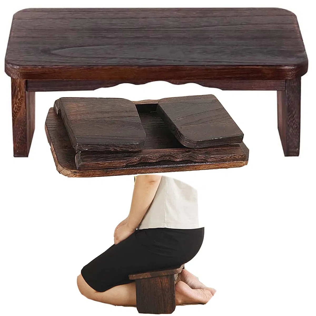 Klappbar Yoga Meditationsbank, Perfekter Holzkniehocker Ergonomische kniende Meditations-Yogabank, für Teezeremonie, Yoga, Beten, Tiefe Meditationsbank,Braun