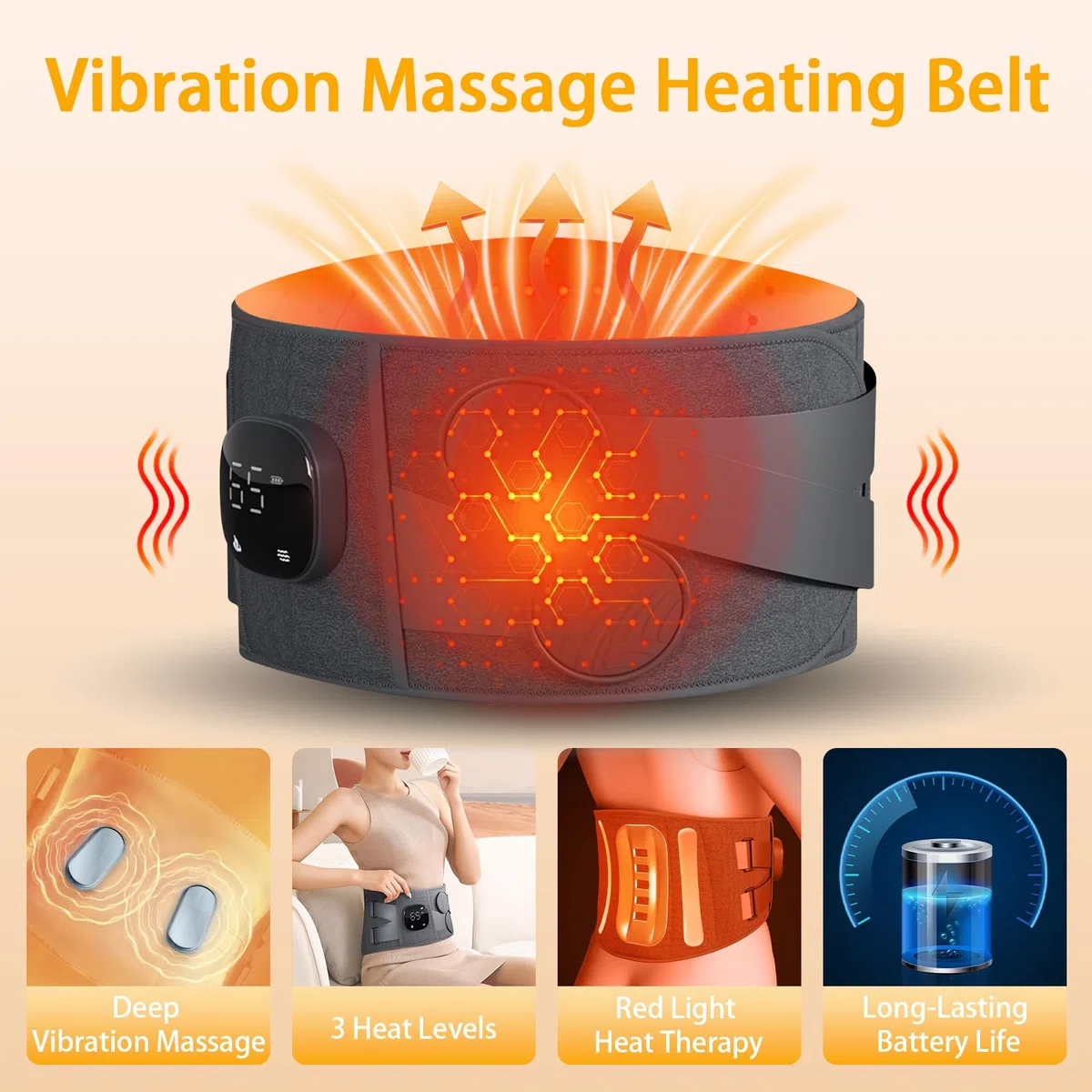 Heizgürtel Vibrationsmassage mit 3 Heizstufen und 3 Massagemodi, Kabelloser Elektrischer Heizgürtel Rücken Wärmer mit Verstellbarem Spannungsband und Automatischer Abschaltung (110 * 22 cm)