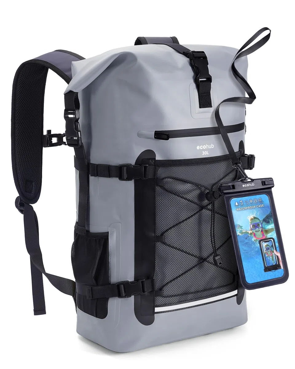ECOHUB Wasserdichter Rucksack, Rolltop mit IPX8 Handyhülle & Atmungsaktive Rückenpolsterung, Dry Bag für Kajak, Bootfahren, Wandern, Camping, Angeln, Rafting, Lieferfahrer, 30L, Grau