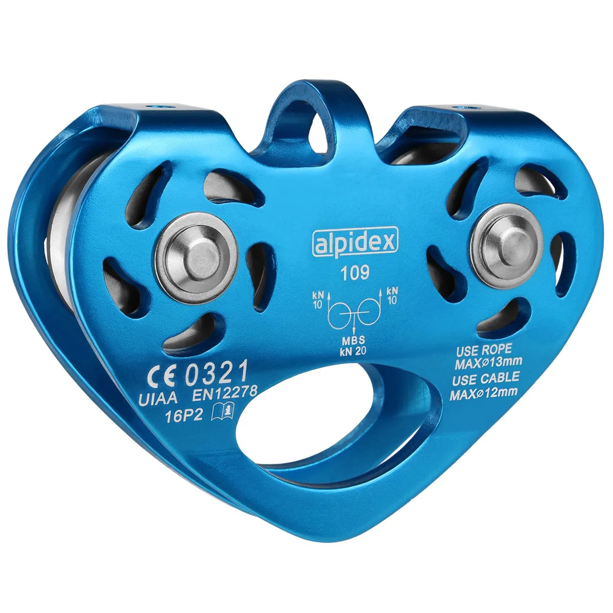 ALPIDEX Tandemrolle Seilrolle 20 kN | Umlenkrolle | Tandem Pulley | Norm EN12278 | Kugellager | Doppelte Rollen | Stahlseile bis 12 mm Ø | Textilseile bis 13 mm Ø | Doppelseilrolle - Farbe: blau