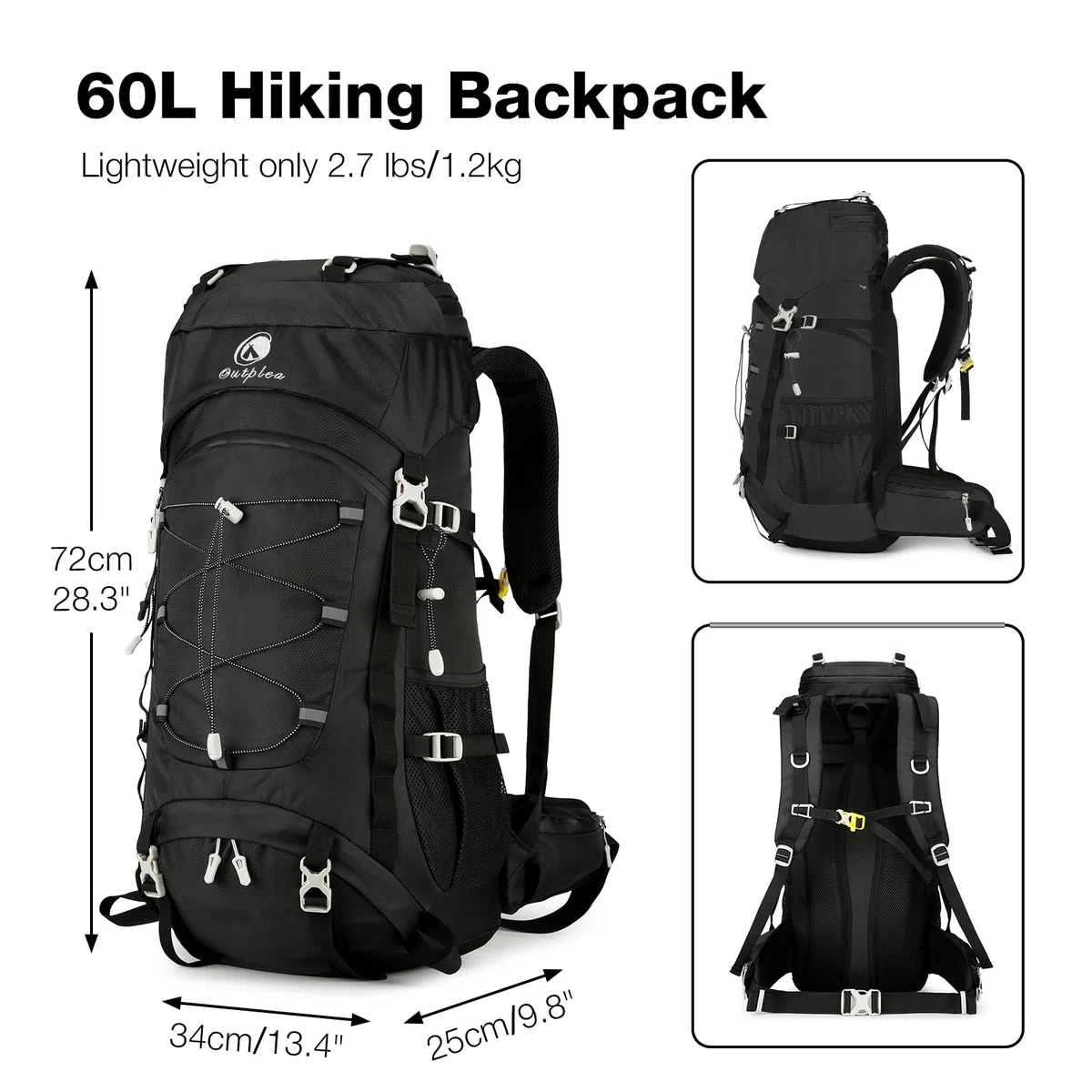 60L Wanderrucksack Herren Damen, Wasserdicht Bequem Trekkingrucksack mit Hüftgurt, Groß Backpacking Rucksack für Outdoor Camping Reise, Schwarz