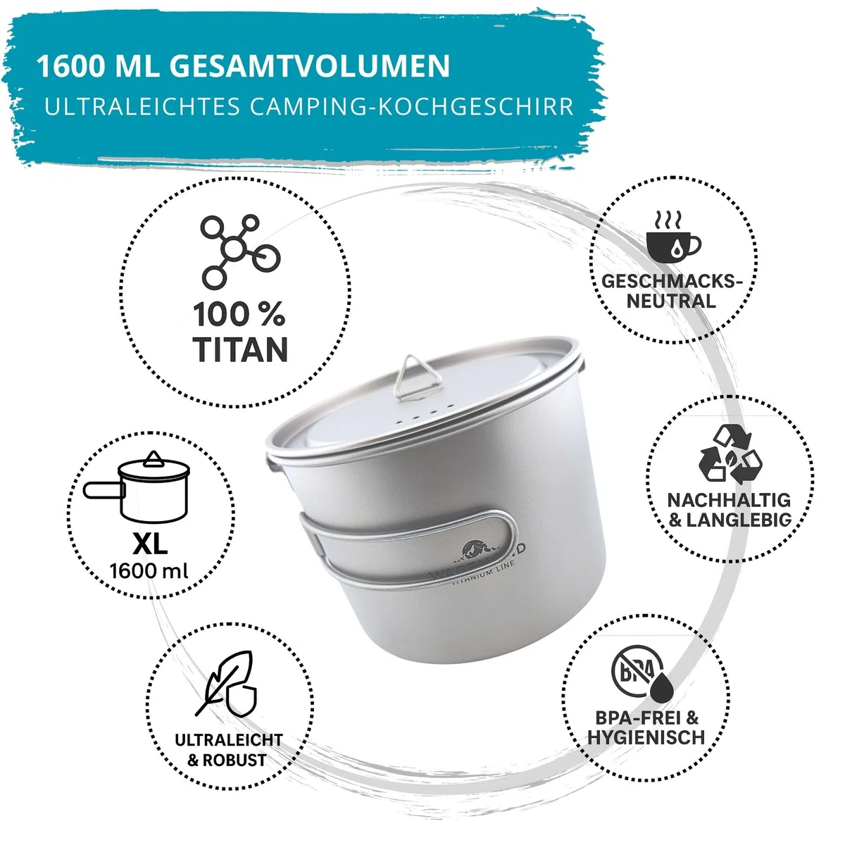 Titan Topf 1600 ml – ultraleichtes Camping Kochgeschirr, robuster Outdoor Kochtopf mit faltbaren Griffen für Trekking, Bushcraft & Reisen mit Beutel