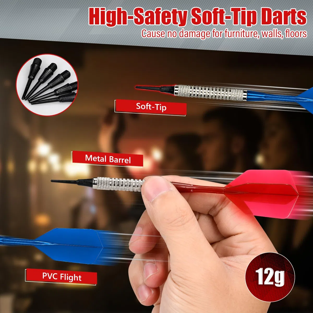 Elektronische Dartscheibe, Profi Dart Scheibe mit 35 Spielen, LCD-Display, Sprachansage, für 1-8 Spieler, Soft-Tip Pfeile, Netz-& Batteriebetrieb, Elektronische Dartboards mit Schutzring, Auto-Scoring