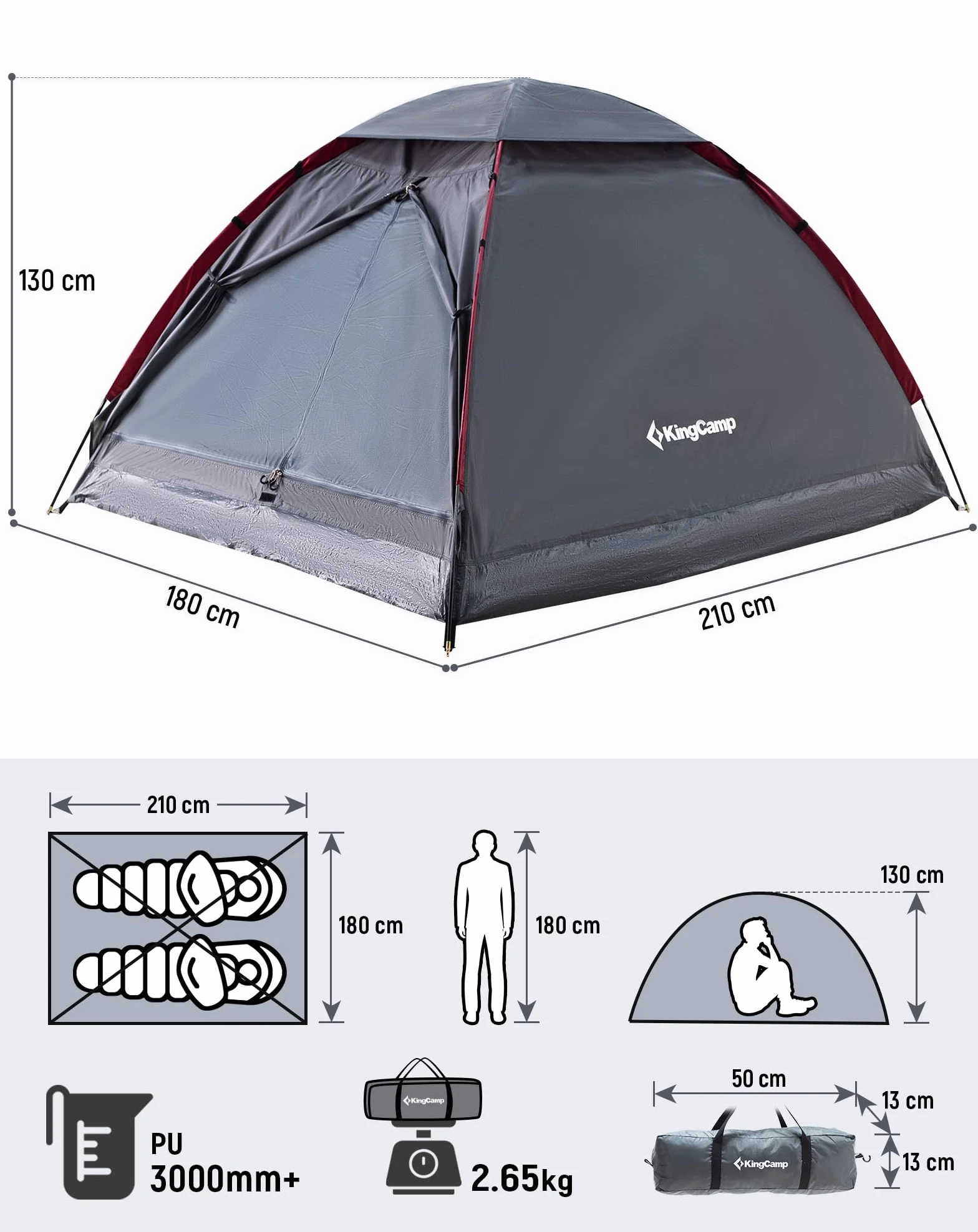 KingCamp 2-3 Personen Zelt Wasserdicht 3000mm Ultraleicht Camping Zelt mit Übergroßer Regenkappe & Reflektierenden Seilen -Kuppelzelte für Festival,Wochenend-Camping, Reisen - 210x180x130cm
