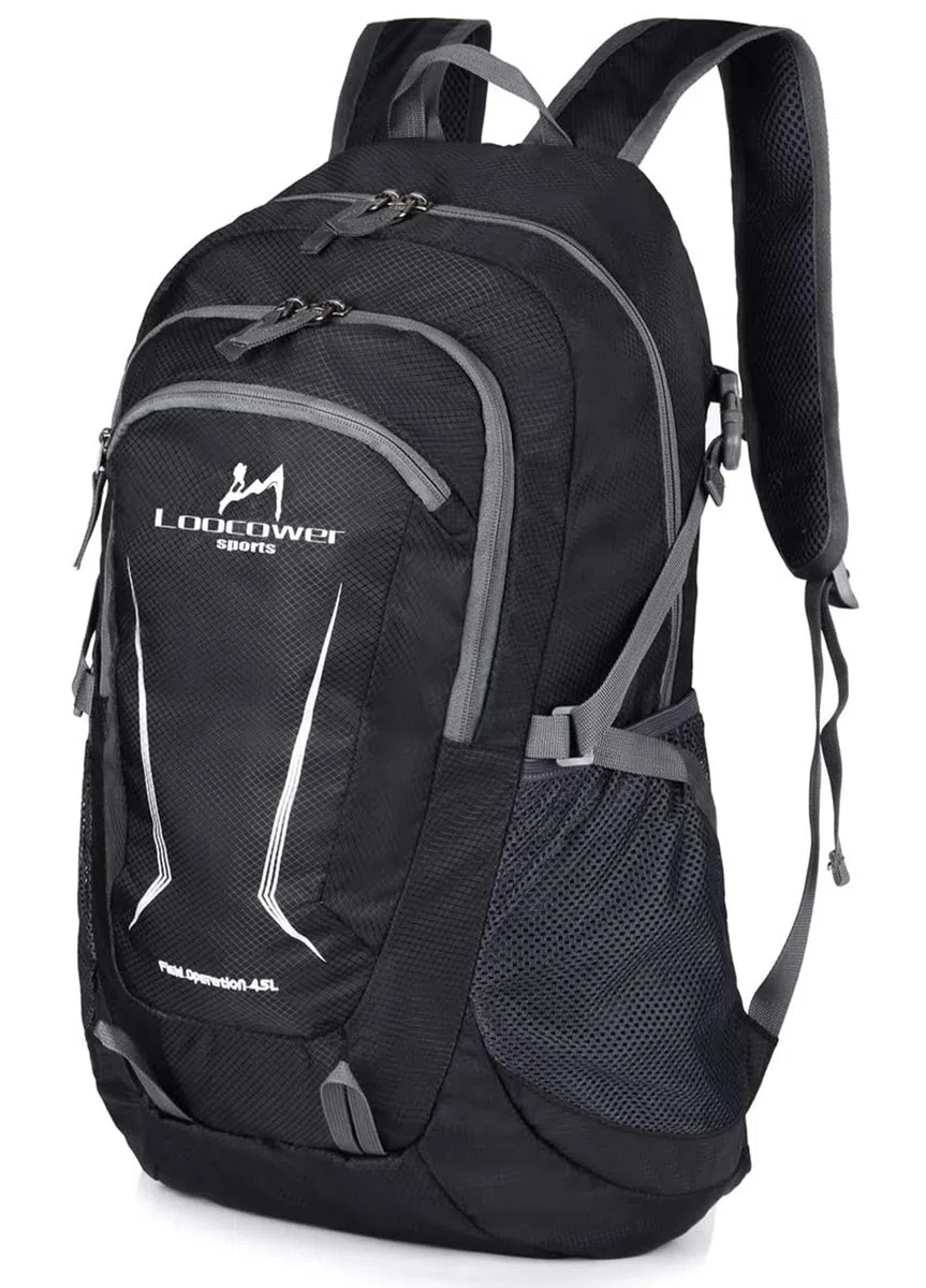 45L Leichte Packable Reiserucksack Wanderrucksack, Multifunktionale Tagesrucksack, Faltbare Camping Trekking Rucksäcke, Utra Leicht Outdoor Sport Rucksäcke Tasche - Black