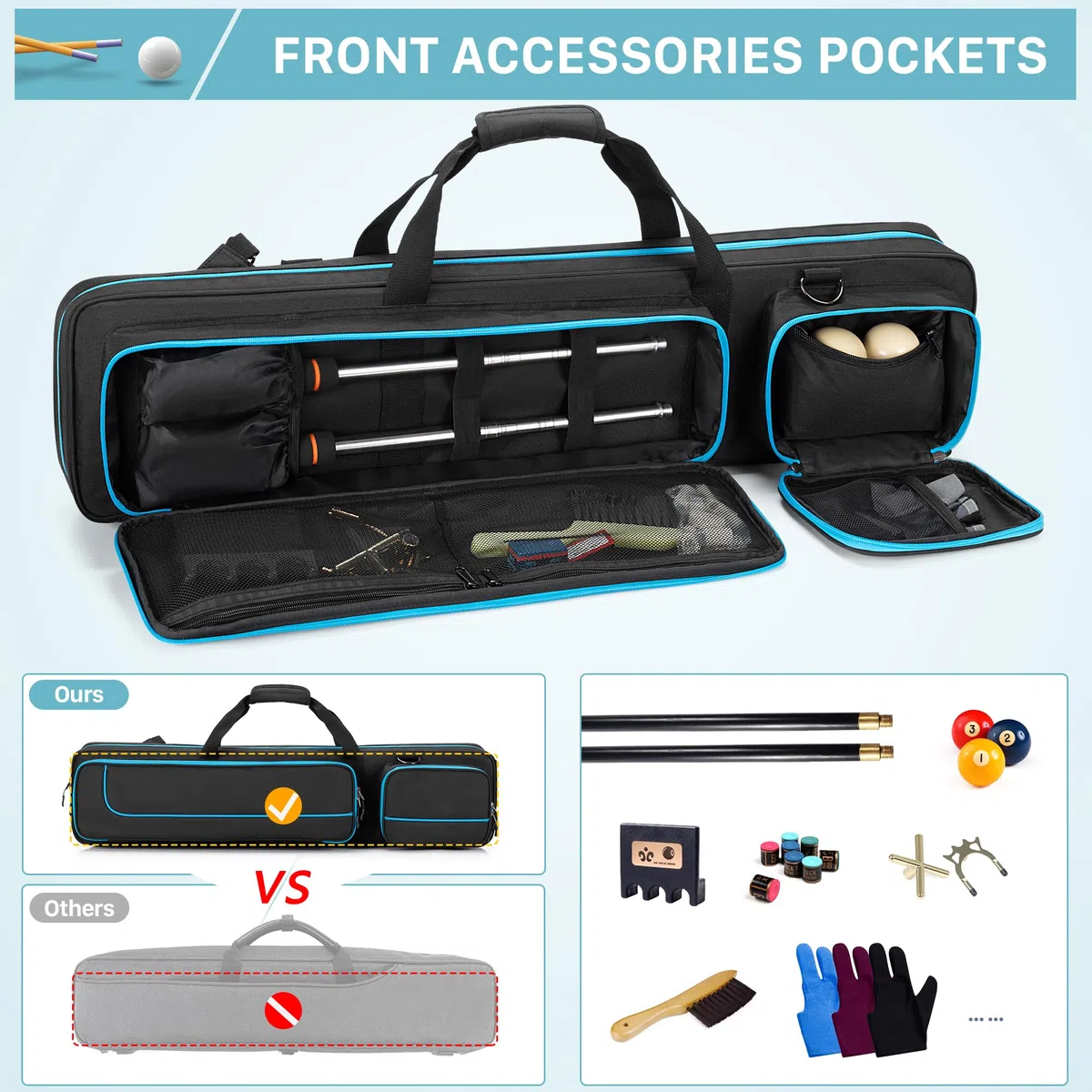 GOBUROS 4x4 Billard Queue Koffer für bis zu 4 Unterteile und 4 Schäfte, Pool Stick Tragetasche mit Zubehörtaschen vorne, Billard Queue Tasche mit Schultergurten