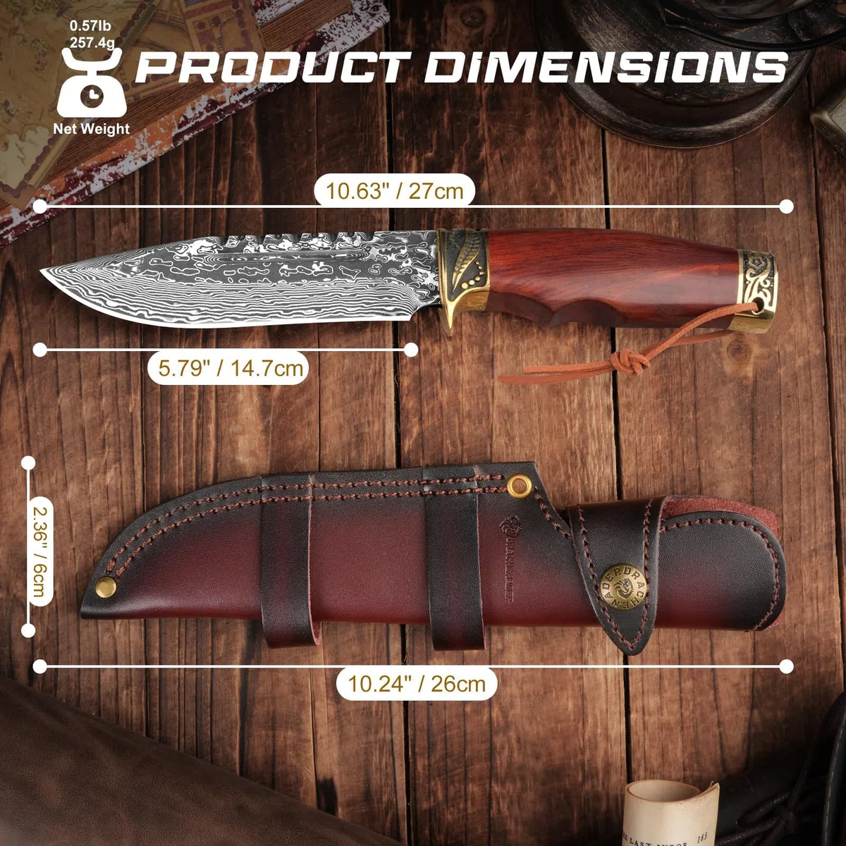 DRACHENADER Jagdmesser – 67 Lagen Vg10 Damaststahl, Handgeschmiedet, 14,7 cm Feststehende Klinge Messer, Outdoor Survival Gürtelmesser mit Lederscheide und Holzgriff (B- Damast Stahl Klinge)