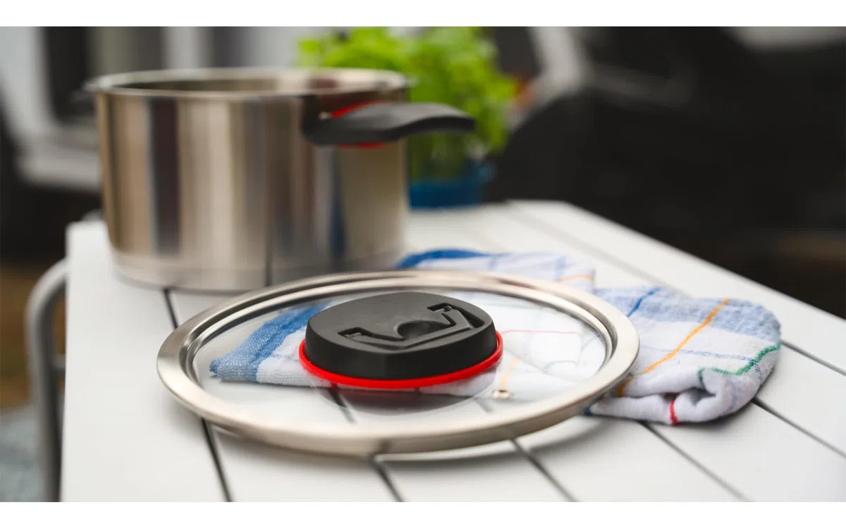 BERGER RedSilva Topfset Induktion 6-tlg. | Camping Kochgeschirr-Set aus Edelstahl | Kochtopf Set Outdoor mit Glasdeckel & klappbaren Griffen | Picknick Topf Geschirrset stapelbar