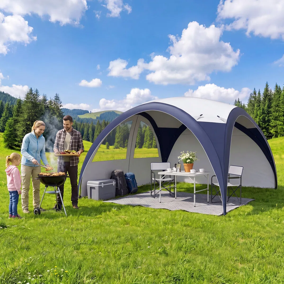Aoxun Event Shelter Kuppelzelt mit Seitenwänden, Tragbare Stahlstange Camping Pavillon Gartenpartys Veranstaltungen, Transporttasche 4 Vevstärkte Füße, Wasserdicht (4000 mm), UPF 50+, 3,5 x 3,5 m