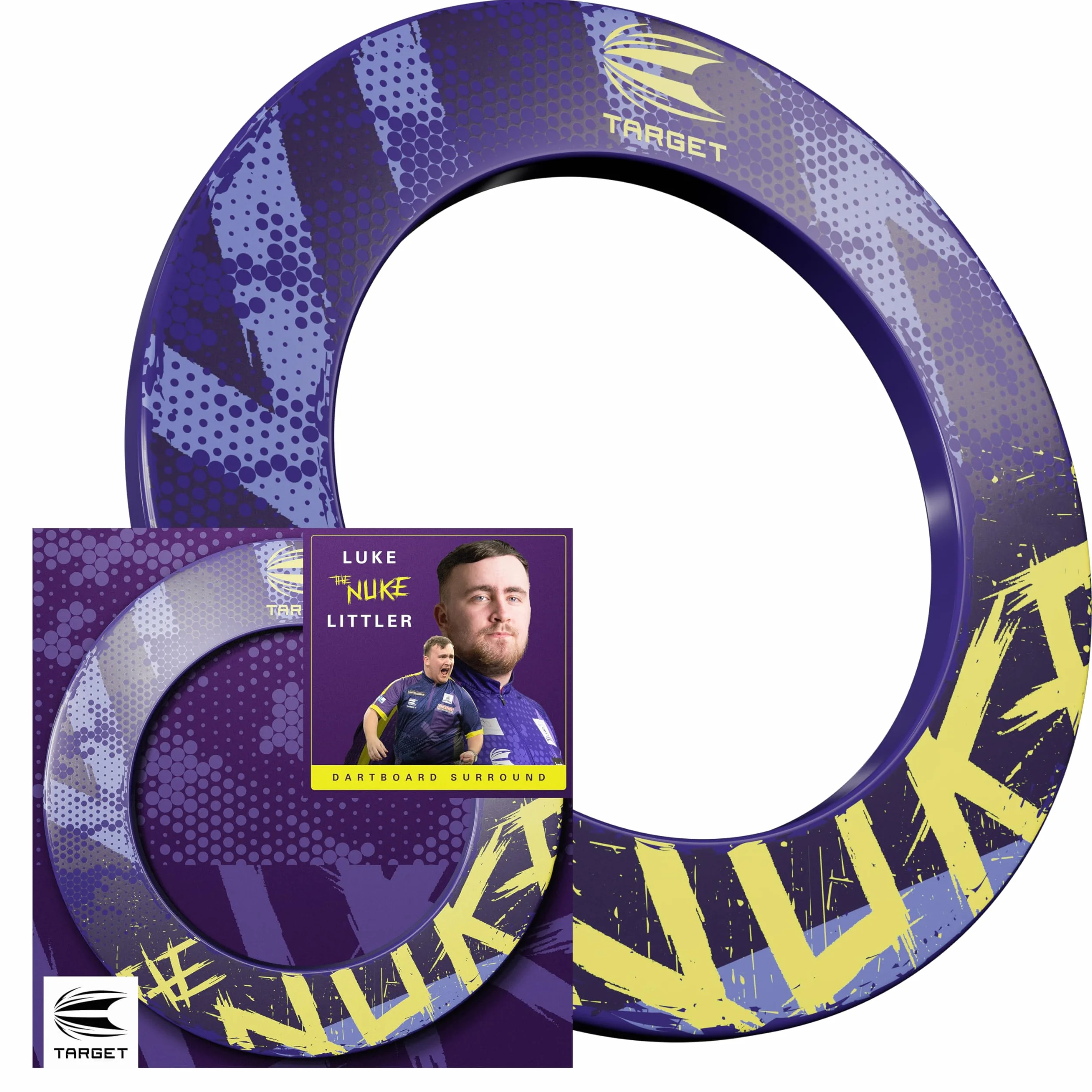 Target Darts Luke Littler Dartboard Surround | The Nuke Dart Board Schutzring, kompatibel mit Allen Steeldarts Dartscheiben, lila & gelbe Dart Surrounds, einfach installierende Wandschutz Außenringe