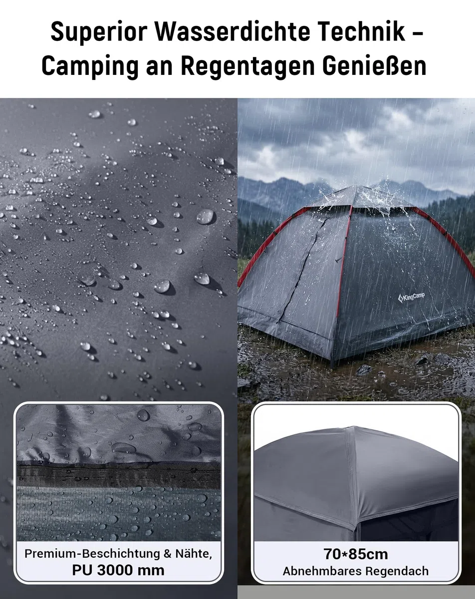 KingCamp 2-3 Personen Zelt Wasserdicht 3000mm Ultraleicht Camping Zelt mit Übergroßer Regenkappe & Reflektierenden Seilen -Kuppelzelte für Festival,Wochenend-Camping, Reisen - 210x180x130cm