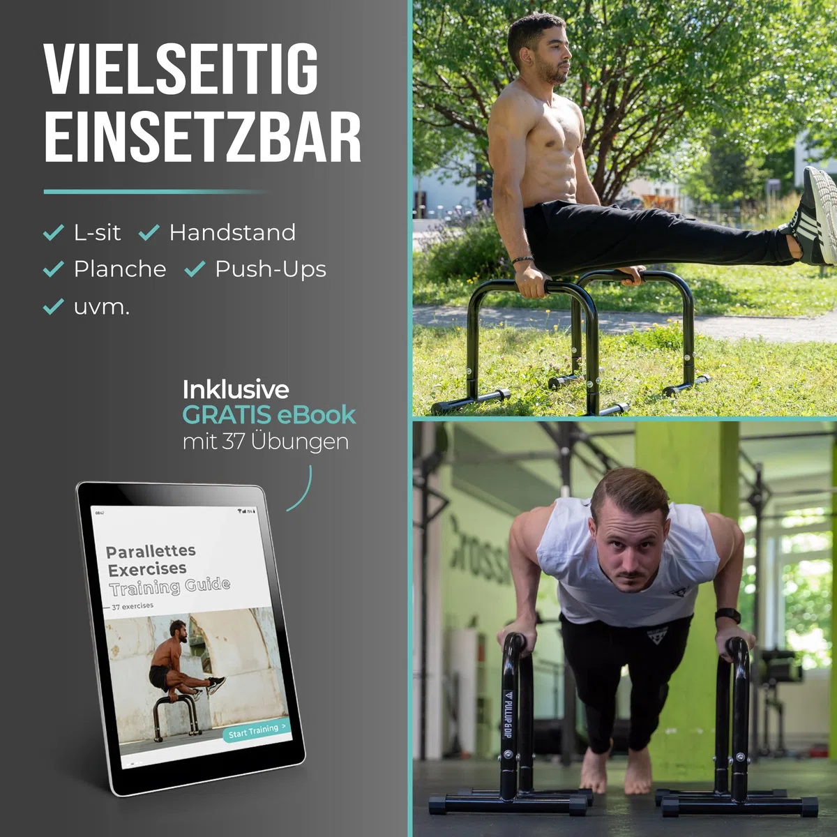 PULLUP & DIP Fitness Parallettes, Medium Minibarren aus Stahl, Handstand Barren mit extra breitem Griff für Calisthenics, Gymnastik und Turnen, In- und Outdoor
