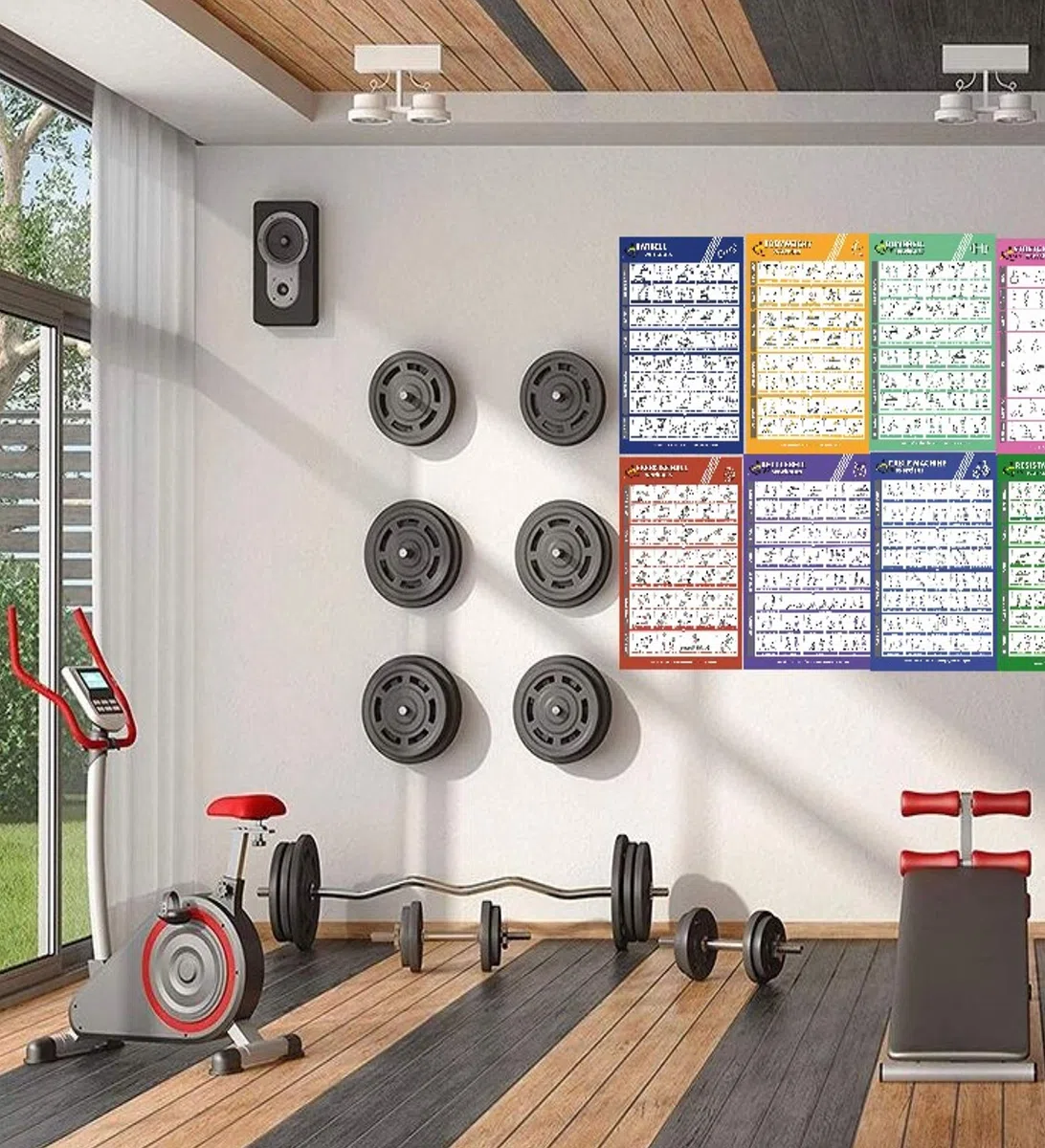 Profit Neue Sportübung Fitnessstudio zu Hause – 12 Fitness-Poster, laminierte Folie für Übungen für Männer und Frauen, elastische Bänder, Yoga, Kugelhanteln, Hanteln usw