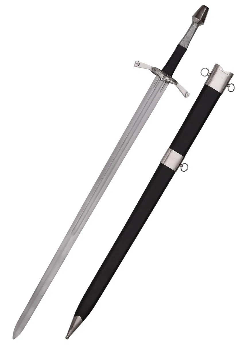 Battle-Merchant Langschwert mit Parierring, inklusive Scheide | EN45 Federstahl, Schwert Replik ca. 15. Jh., Mittelalter, Zweihänder, Sammlerstück & Dekoration, ab 18