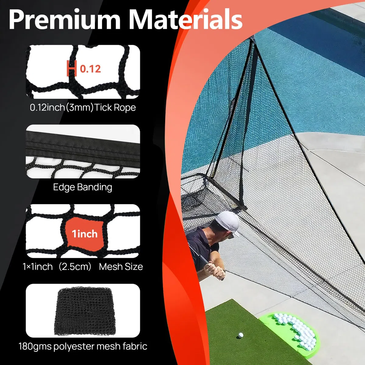 Golfschlagnetz, Schaft-Netzbefestigung, 2,8 x 3,4 x 2,1 m, robustes Seitennetz, Barrierennetz für Golf, Baseball, Hockey mit Sandsack