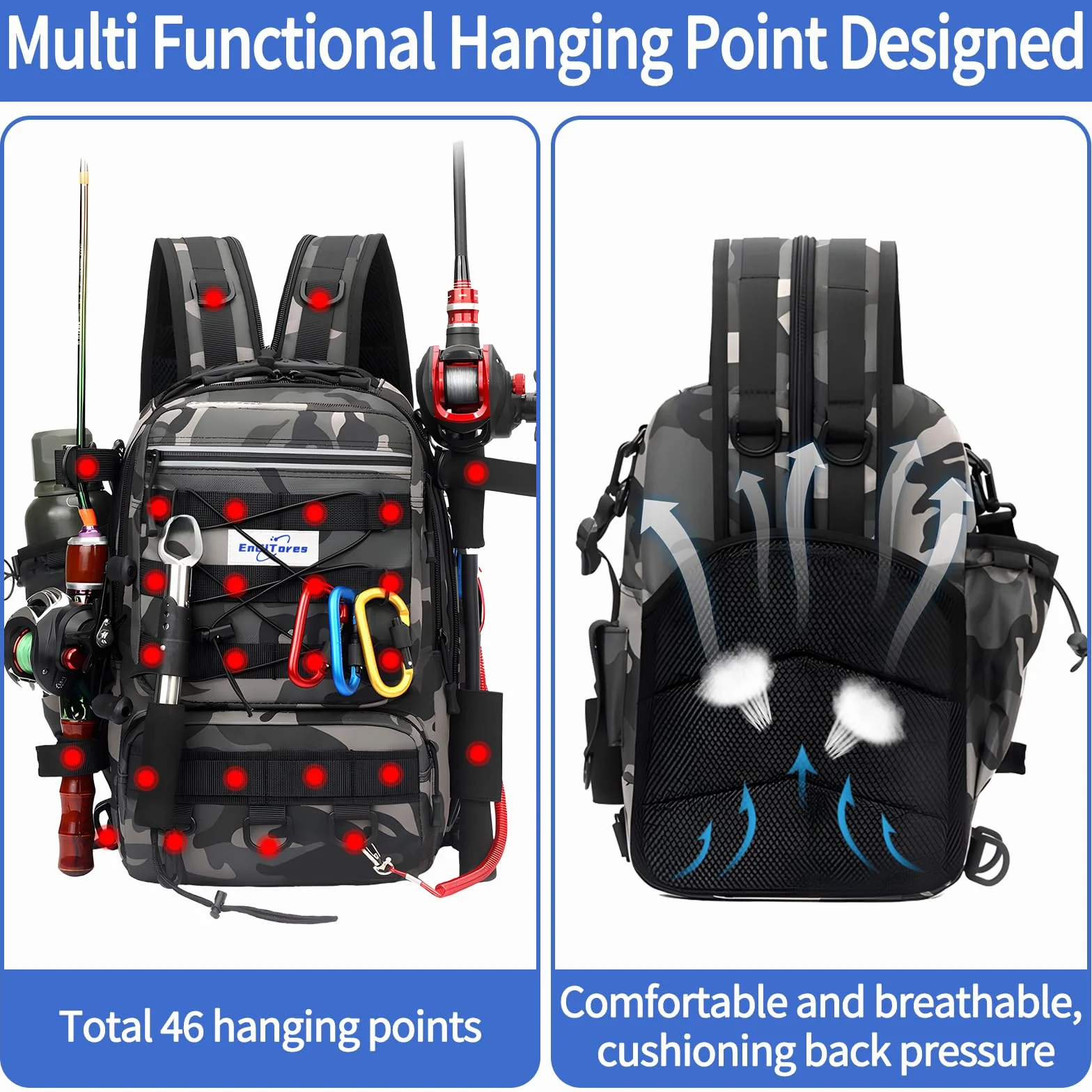 Angelrucksack, Angelzubehör Rucksack mit Rutenhalter wasserdichte Outdoor Angeltasche, Angelrucksack Tasche, Angelbox Aufbewahrungstasche, Angelrucksacks zum Angeln Camping Wandern Reisen