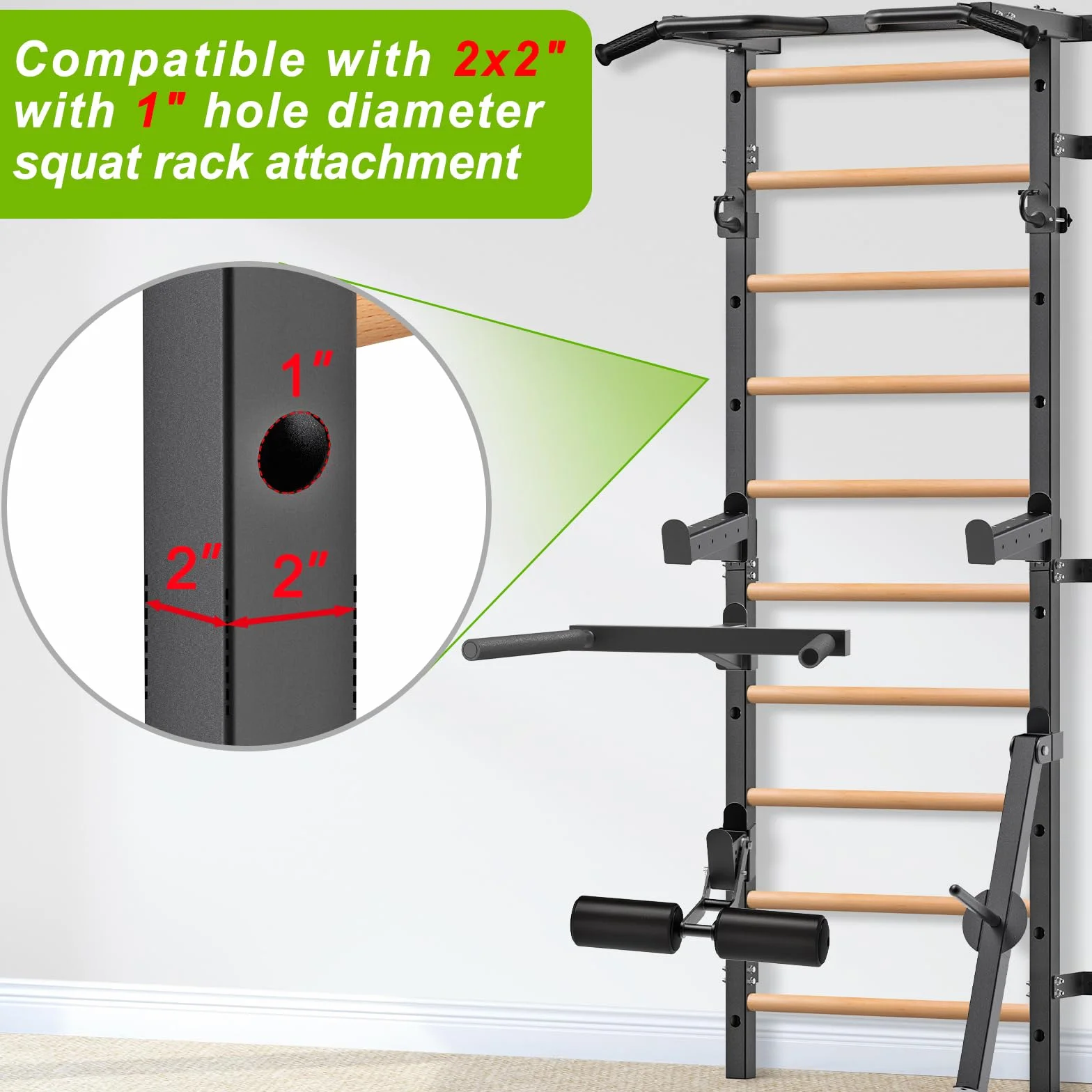 Kipika Turnreck – 5,1 x 5,1 cm schwedische Leiter mit 2,5 cm Loch, wandmontierter Klimmzugstangen-Leiter-Schlingentrainer, Gymnastik-Trainingsreck mit Massivholzgriffen für Zuhause, Wandturnhalle