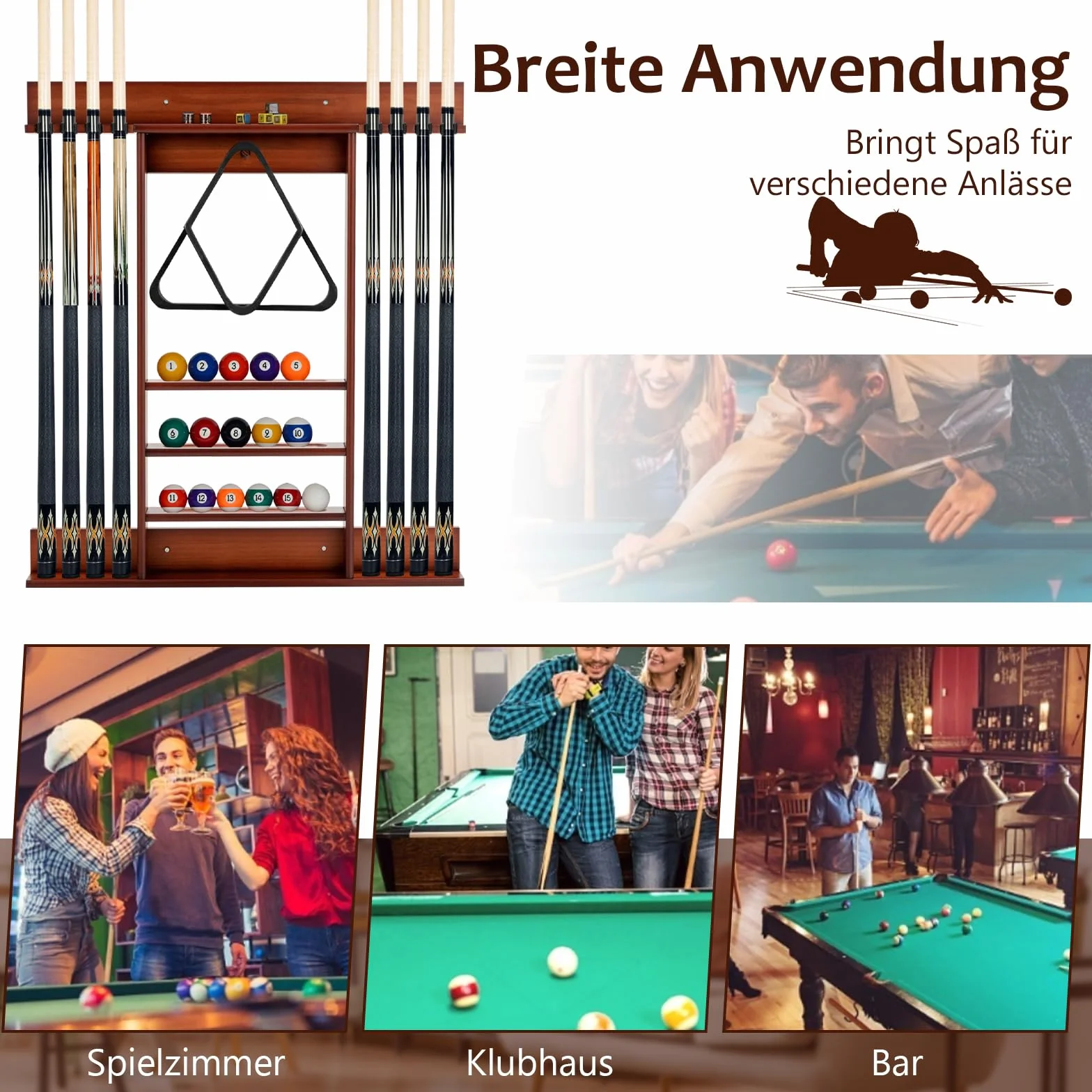 GOPLUS Billardständer, Pool Queue Halter aus Kiefernholz mit 8 Queue-Stifte, 3-stufig, Ball Rack Halter & Regal, Billardqueueständer für Bars Clubs Spielzimmer, Wandmontage (Braun)