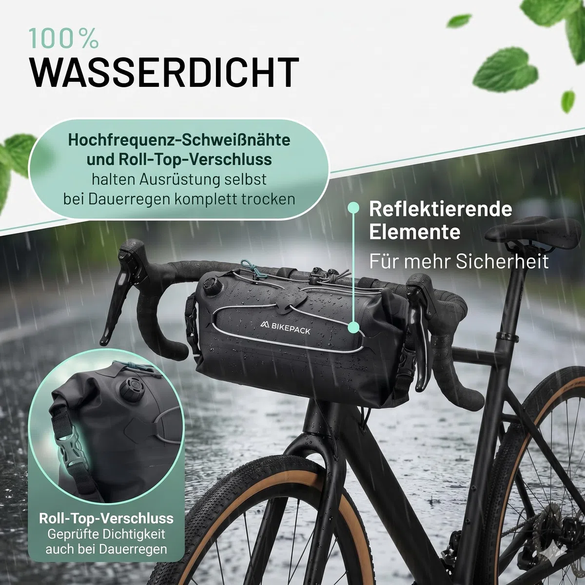 BIKEPACK Lenkertasche Fahrrad 9,5 L wasserdicht – Bikepacking-Rolle mit Innentrennung & Handyfach – Gravel, Rennrad, MTB, E-Bike