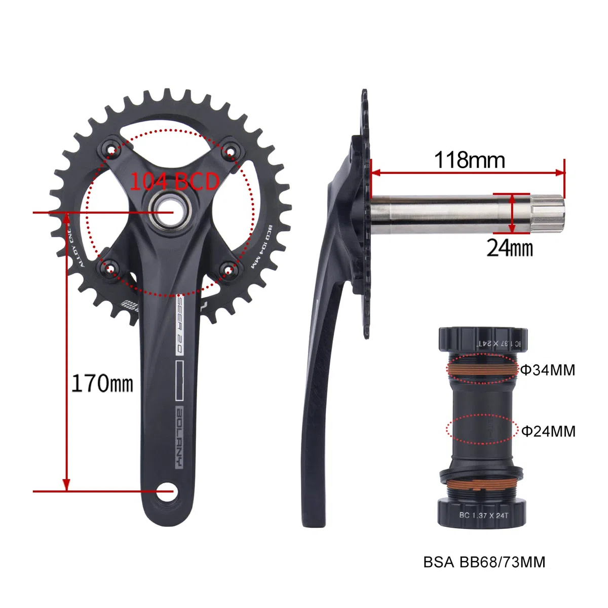 BOLANY Fahrrad Kurbelgarnitur 170mm kurbel 104BCD Hollowtech-Kurbelgarnitur 1 Fach Einzelspeed-Rundkettenblatt 34T/36T Zähne MTB Kurbelsatz mit Tretlager