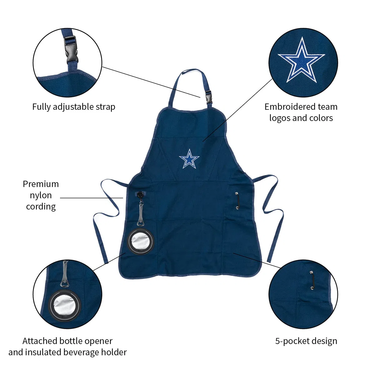 Team Sports America NFL Ultimate Grilling Apron with Bottle Opener and Insulated Beverage Holder, Adjustable Straps